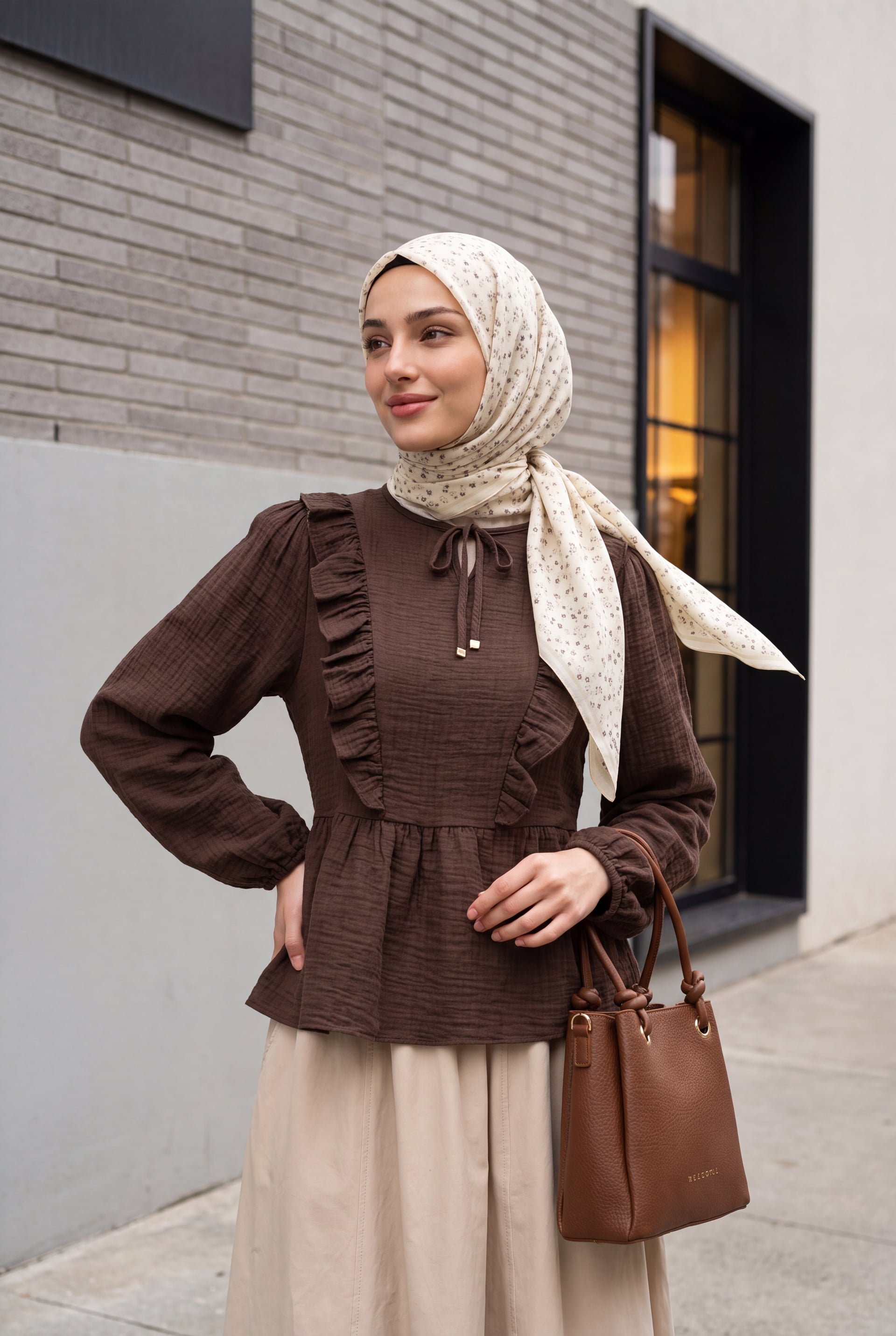 Tie Neck Ruffled Crinkle Blouse - Brown - Podyumplus - by Peralane - photo 3