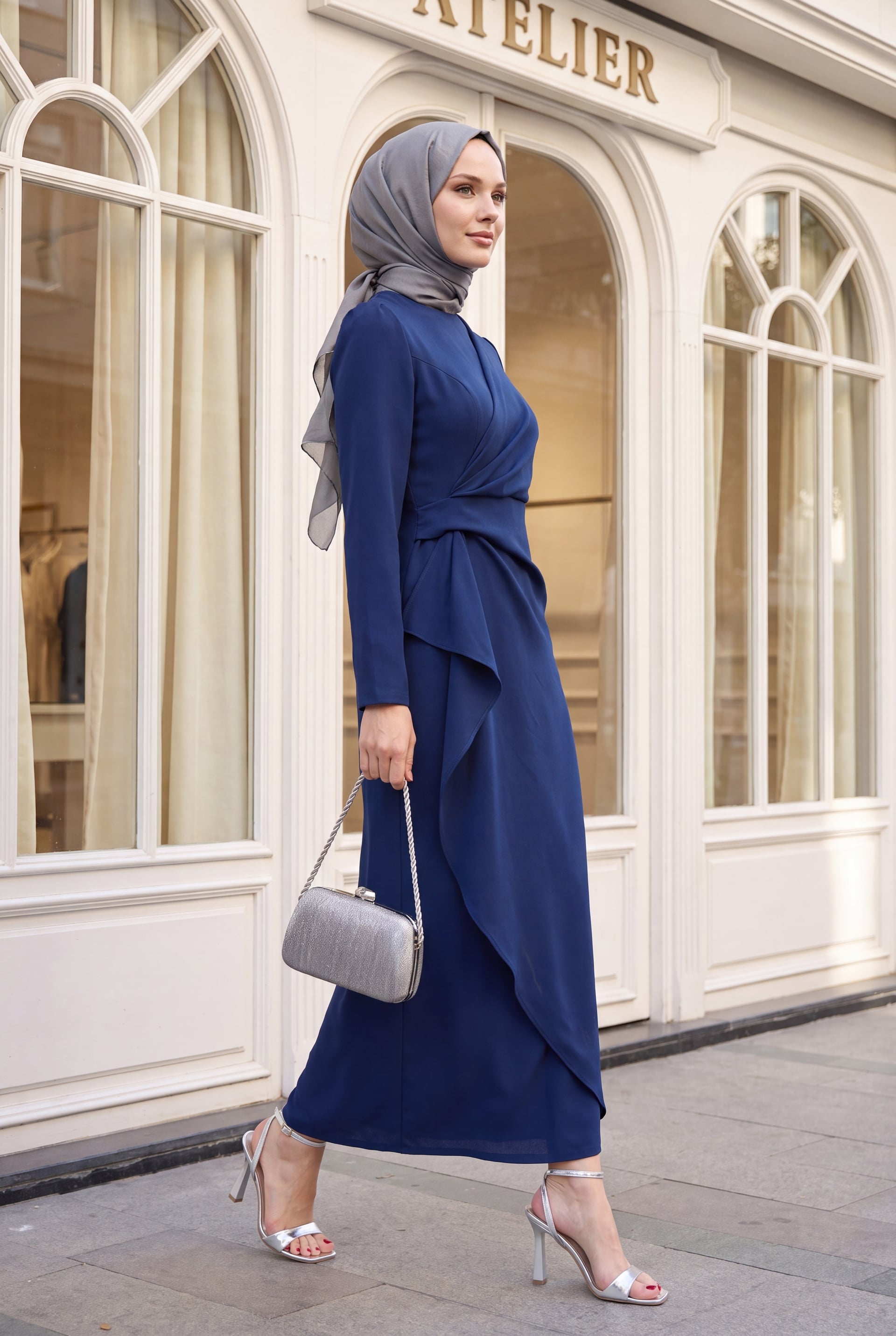 Navy Blue Asymmetric Hem Dress with Draped Bodice - Podyumplus - by Peralane - photo 4