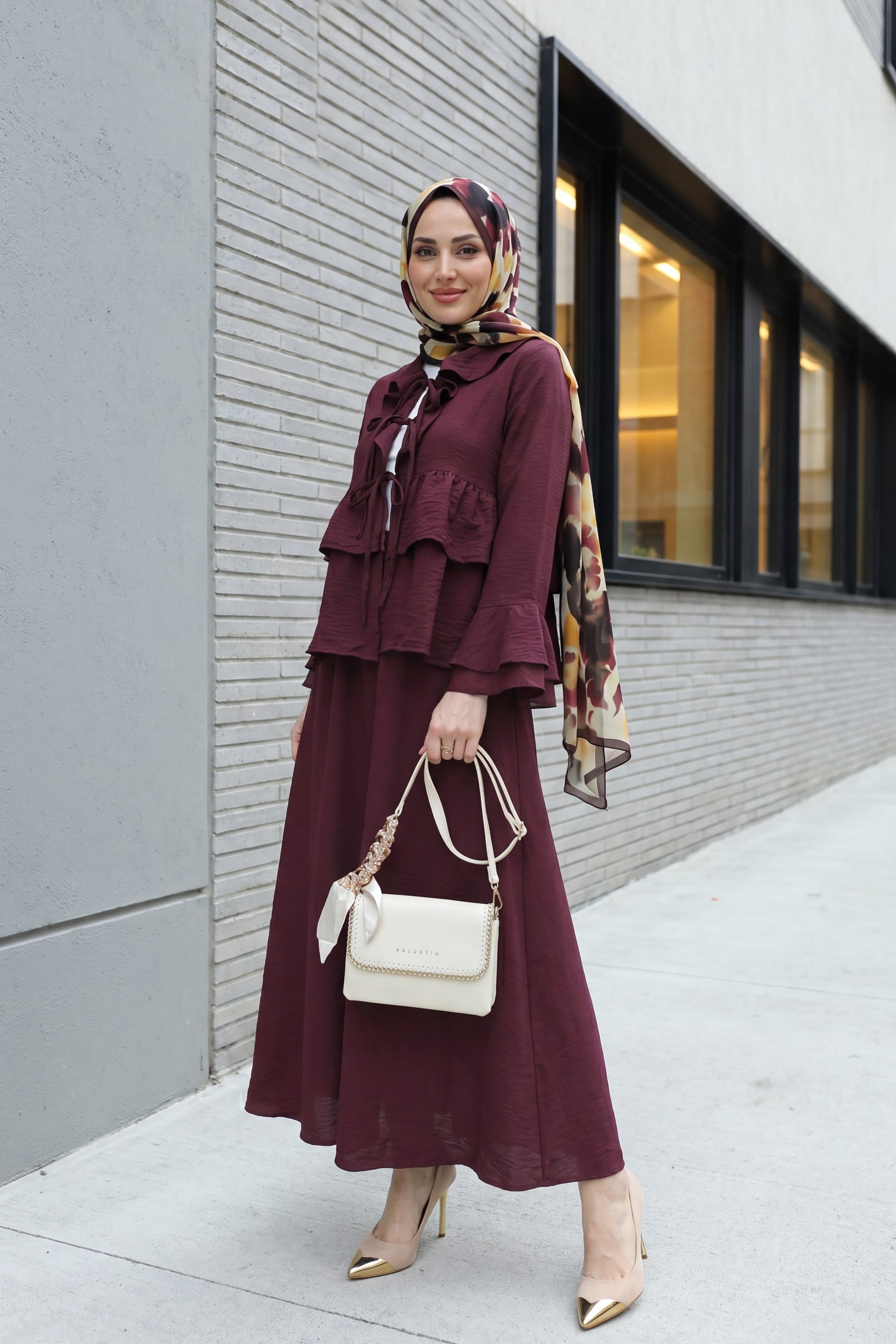 Burgundy Tie-Front Ruffled Spanish Sleeve Skirted Cupro Kimono Set - Podyumplus - by Peralane - photo 2