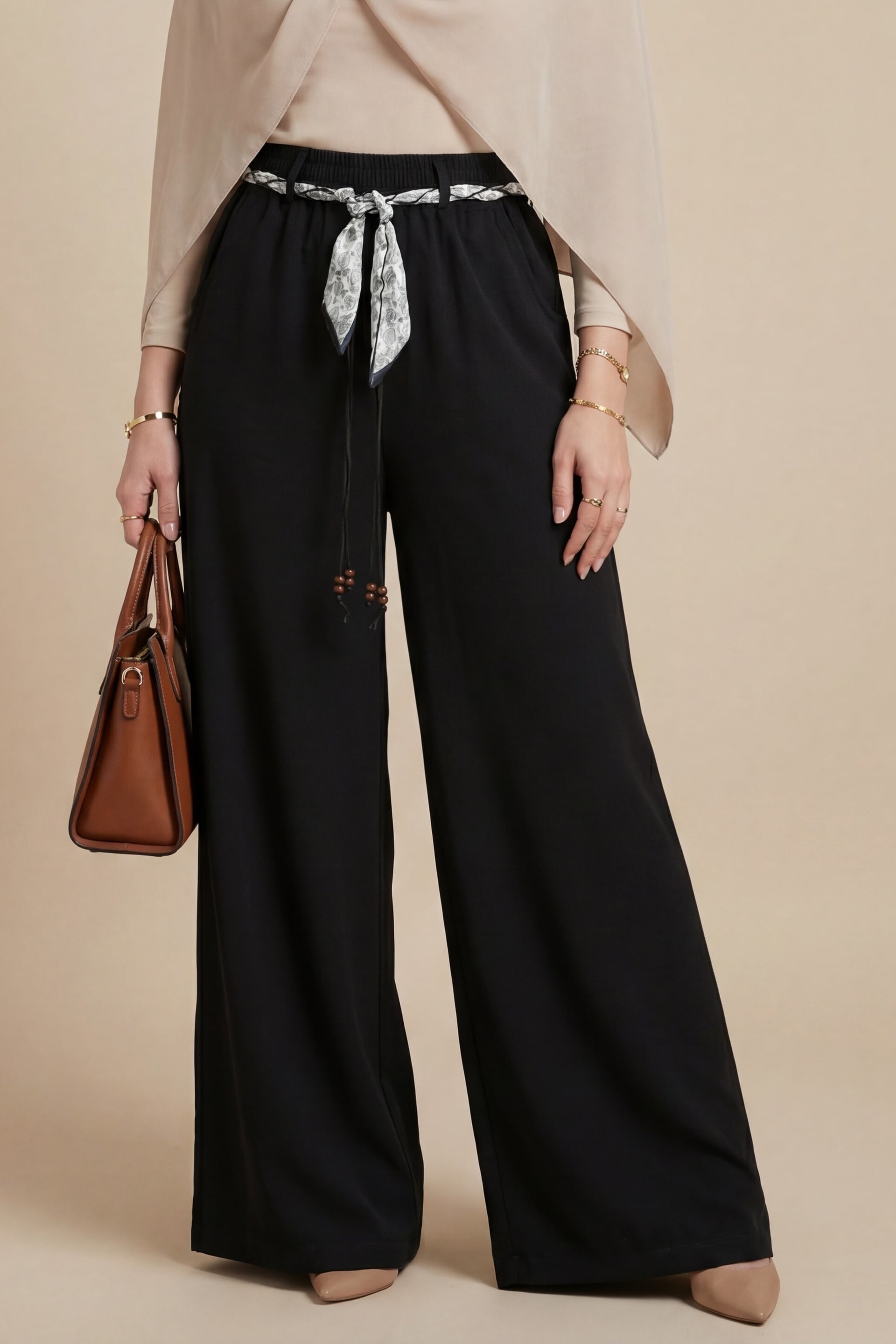 Wide-Leg Elastic Waist Belted Pocket Linen Look Trousers - Black - Podyumplus - by Peralane