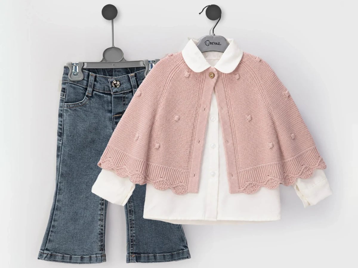 Girl's Knit Cape and Shirt Set with Denim Trousers - Beyaz Bebek - by Peralane