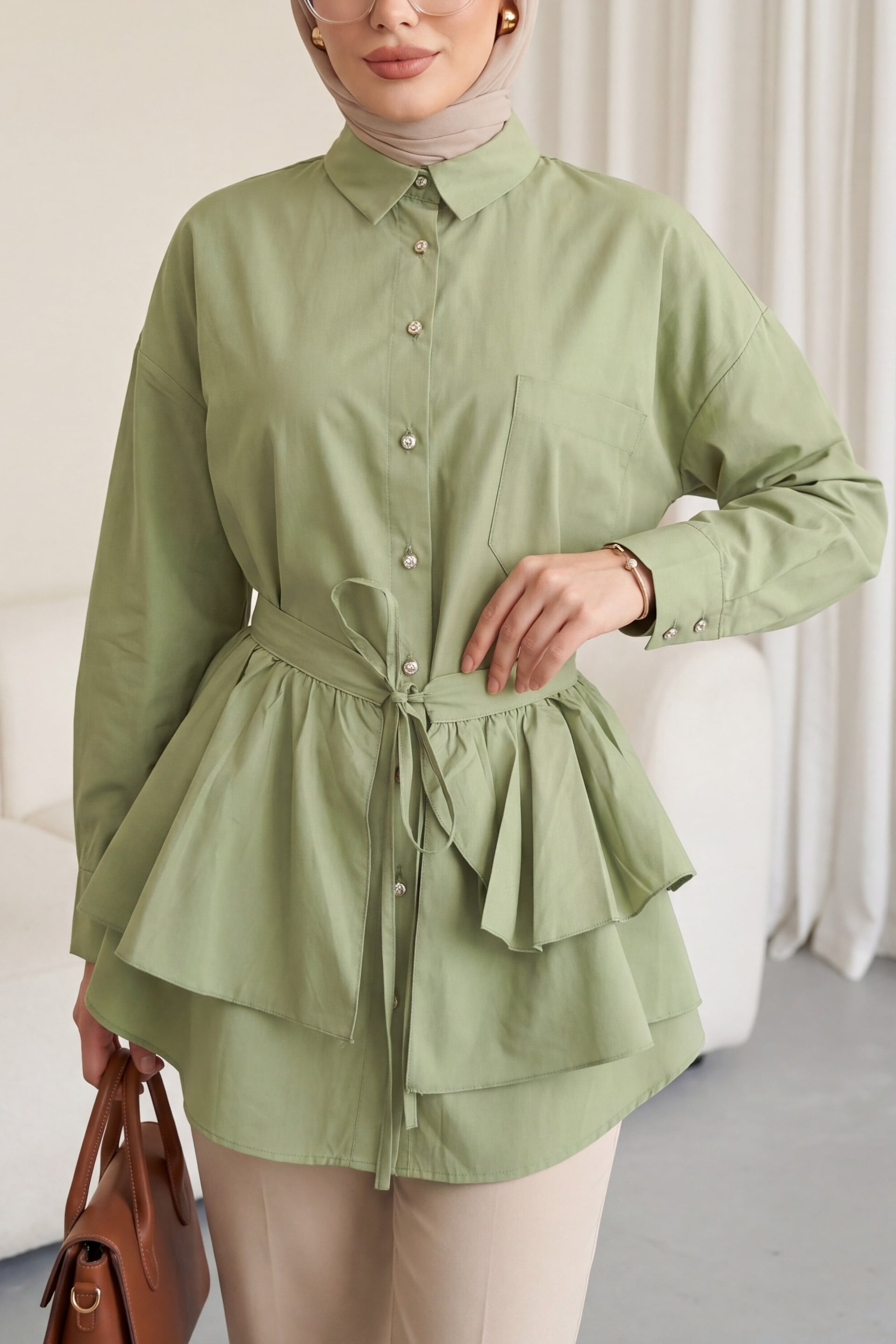 Cape Detail Buttoned Oval Cut Poplin Tunic - Olive Green and Black Set - Podyumplus - by Peralane - photo 2