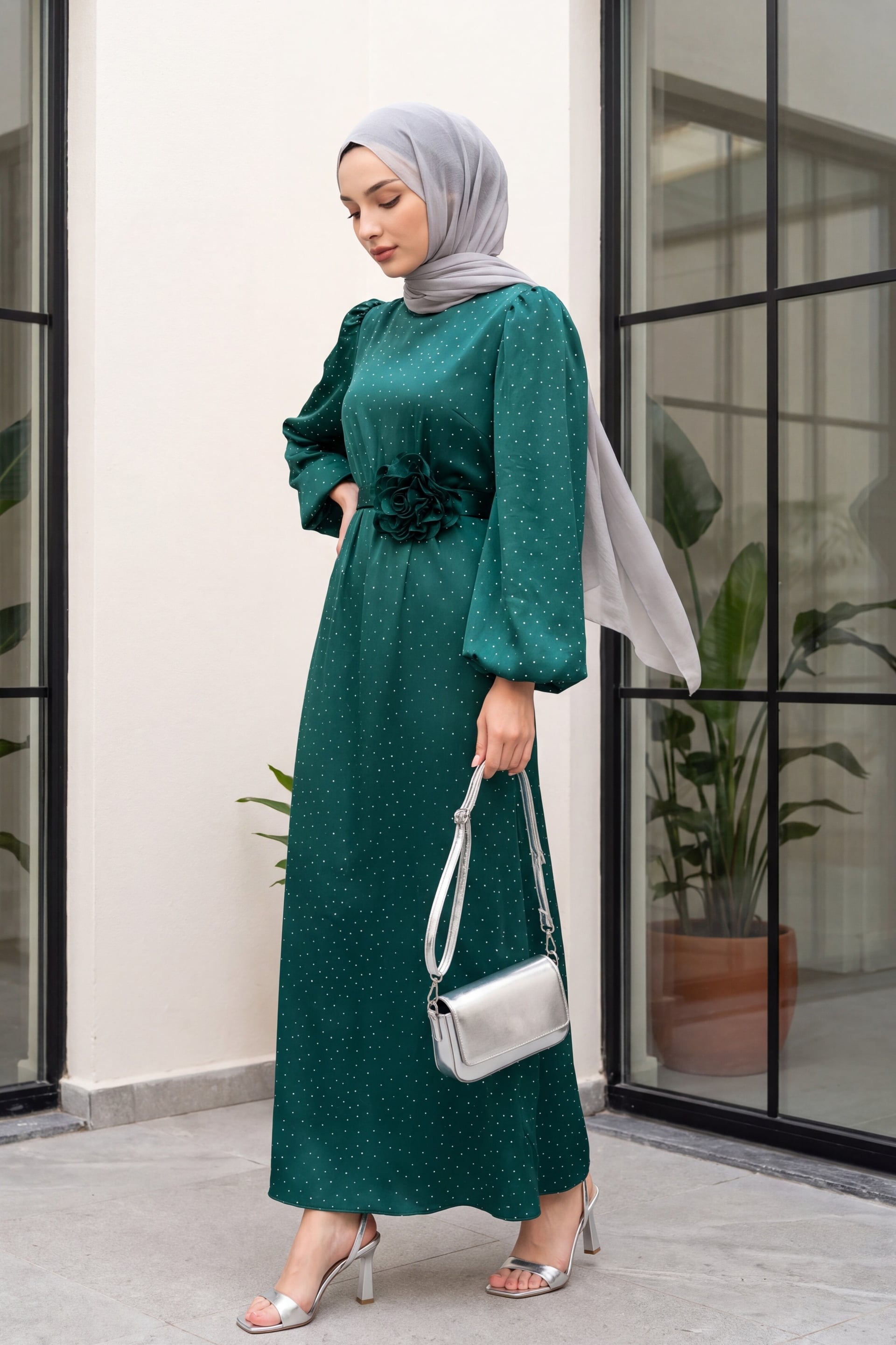 Emerald Green Polka Dot Satin Dress with Puffed Sleeves and Belt - Podyumplus - by Peralane - photo 2