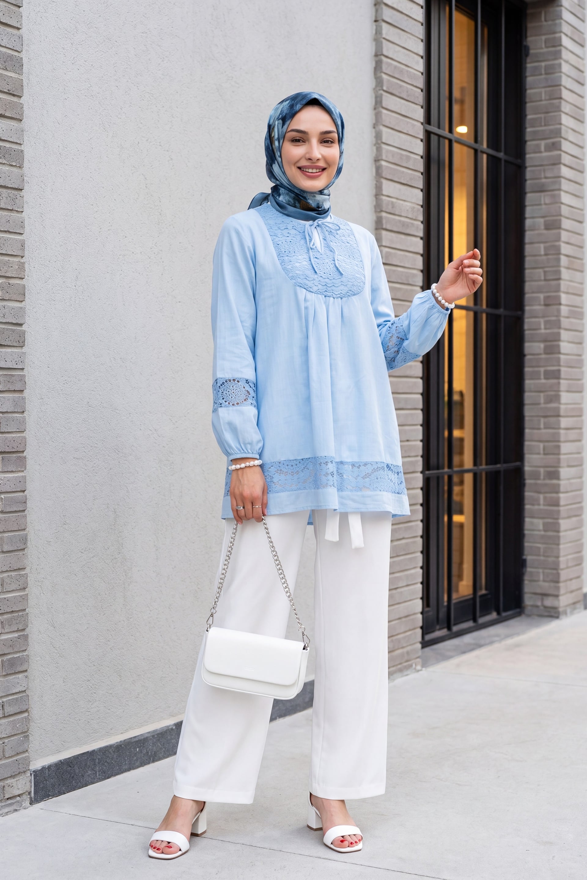 Blue Lace Trim Tie-Neck Tunic with Elasticated Cuffs - Podyumplus - by Peralane - photo 4