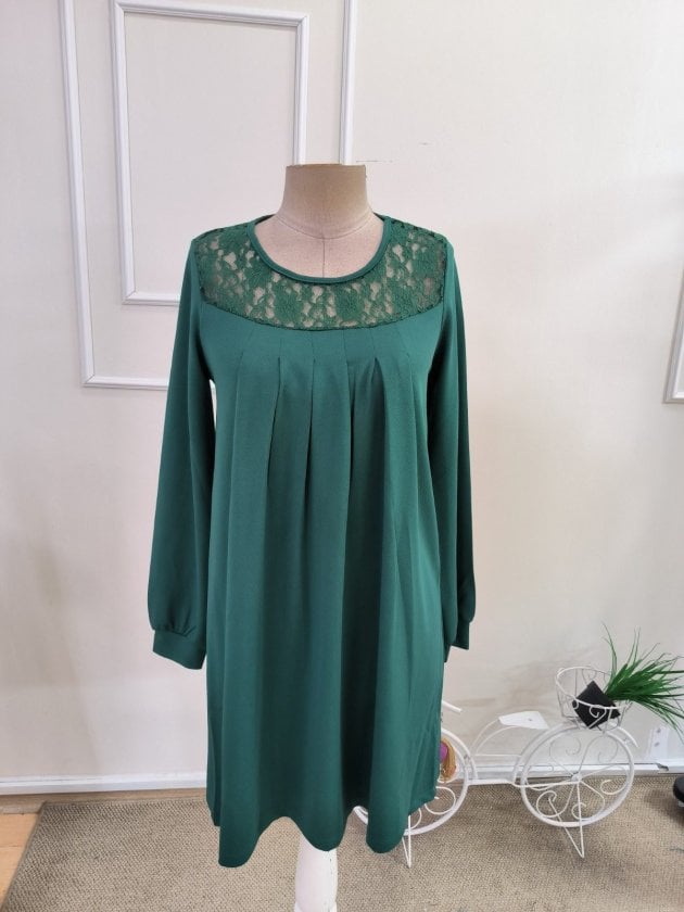 Women's Long Sleeve Round Neck Lace Pleated Short Crepe Dress - Janes - by Peralane - photo 4