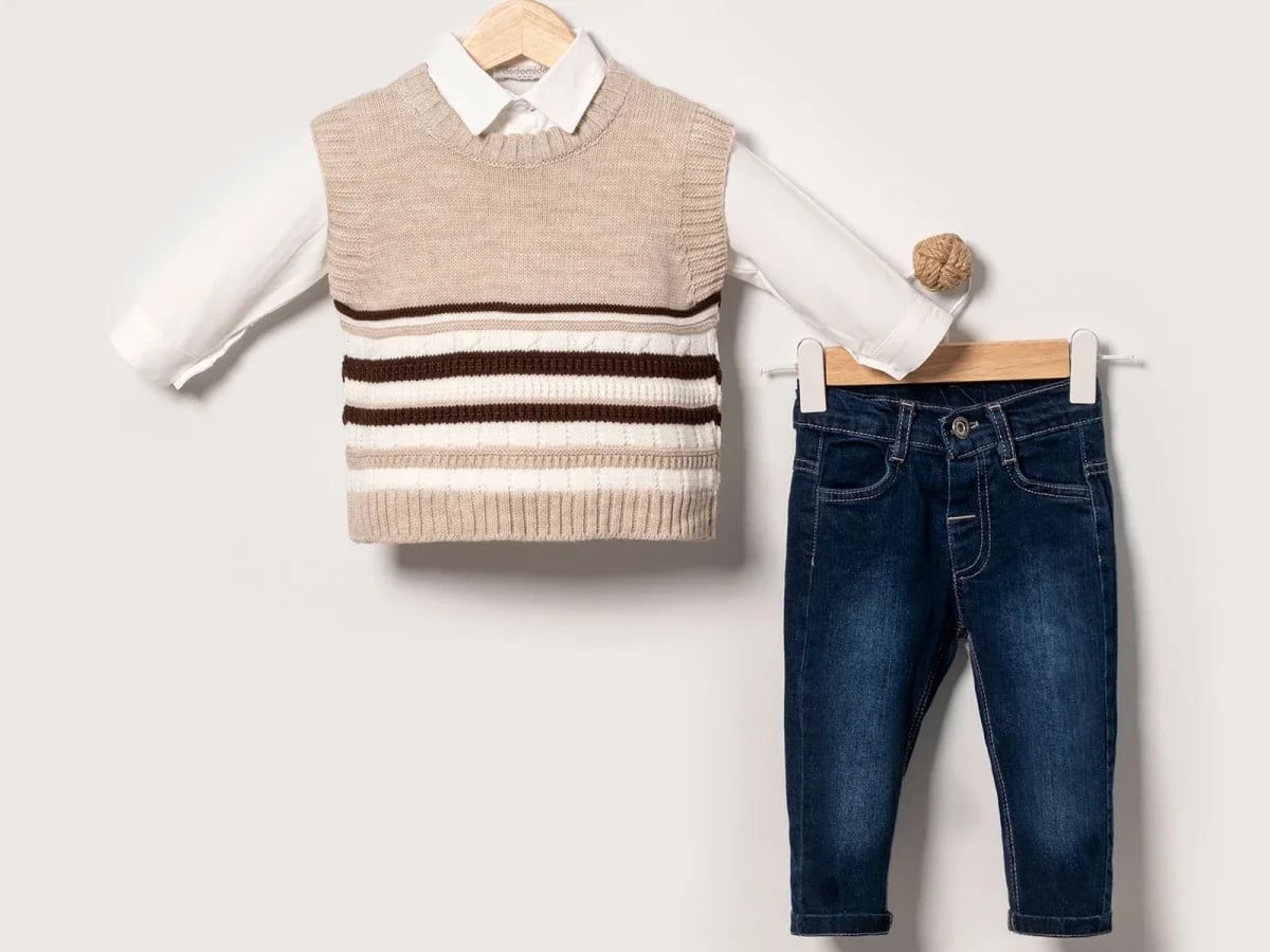Striped Vest 3-Piece Boys Set - Beige - Eymus - by Peralane