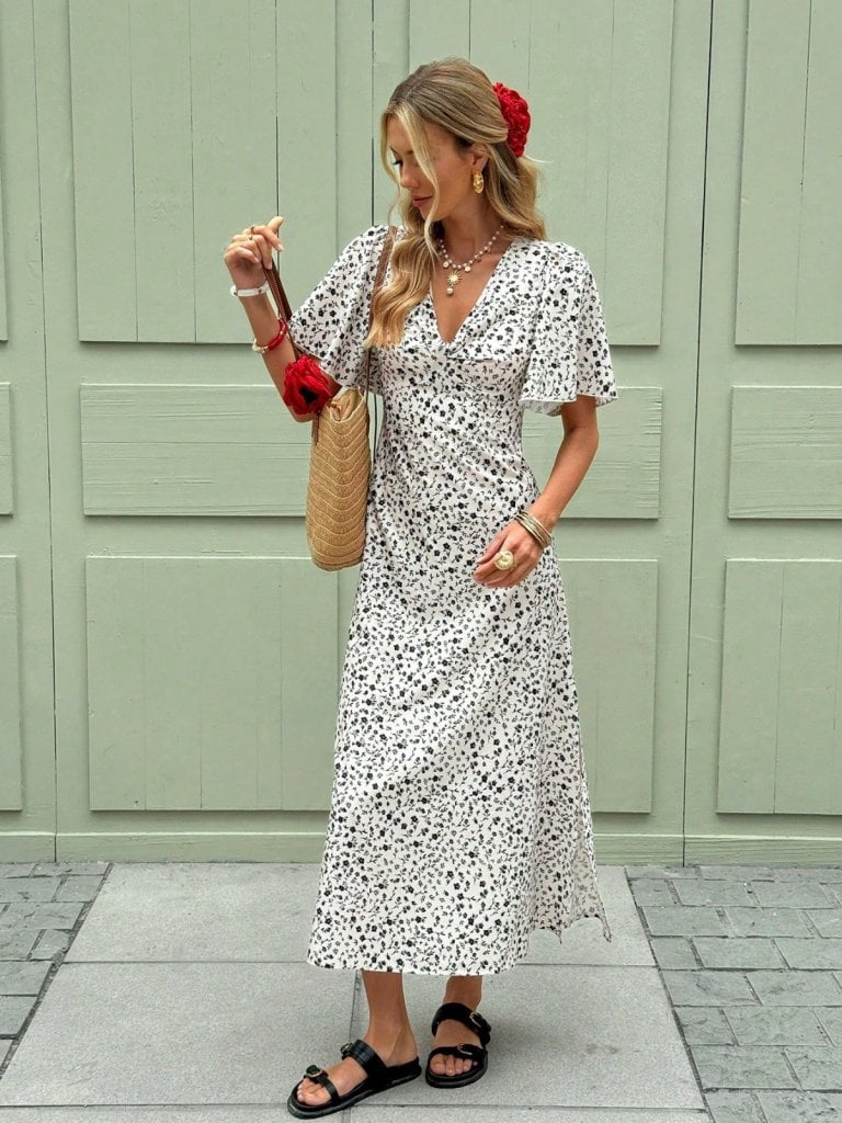 Women's White Floral Print Midi Dress with V-Neck and Side Slit - Janes - by Peralane - photo 3