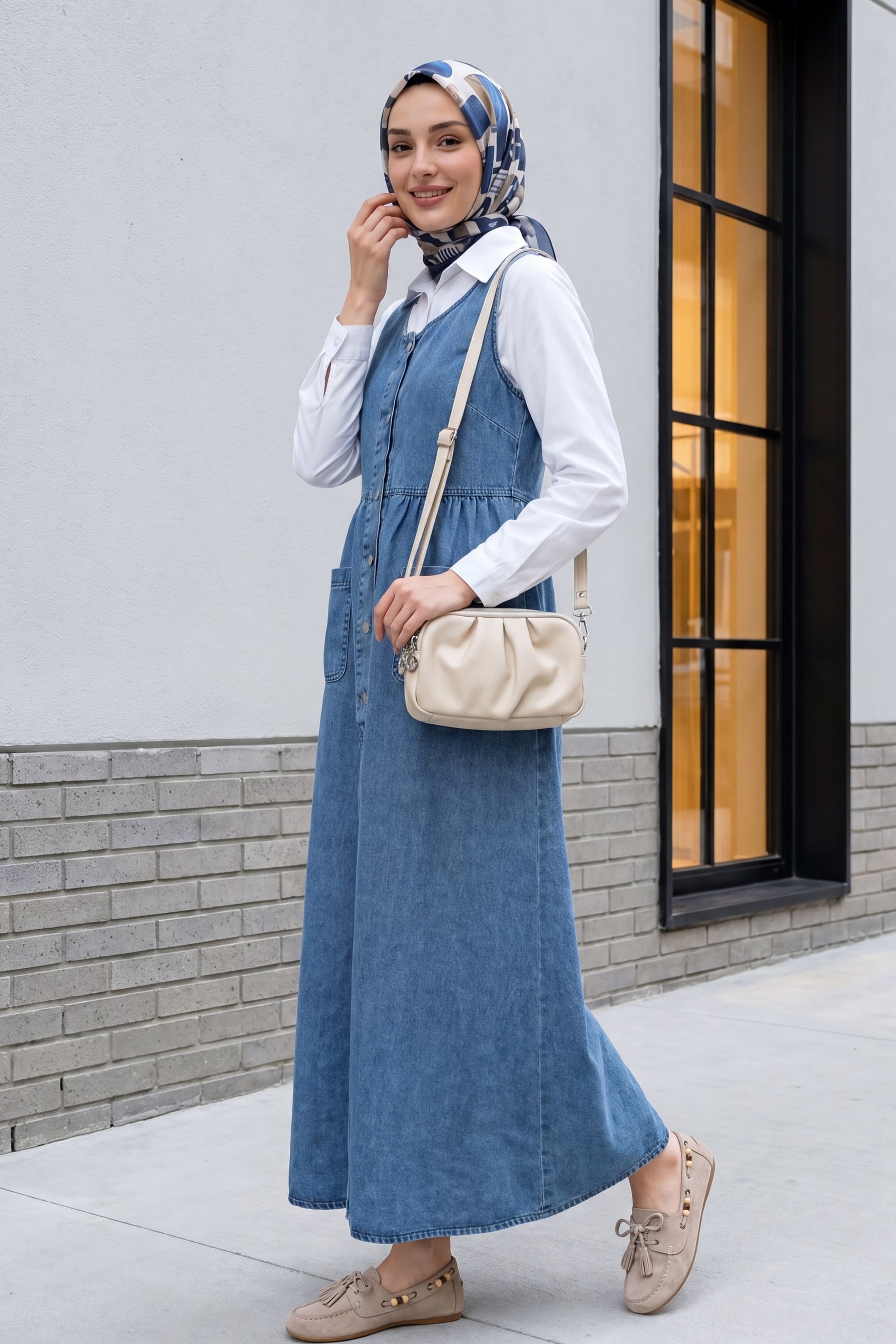 Half-Button Double Pocket Sleeveless Denim Pinafore Dress - Ice Blue - Podyumplus - by Peralane - photo 3