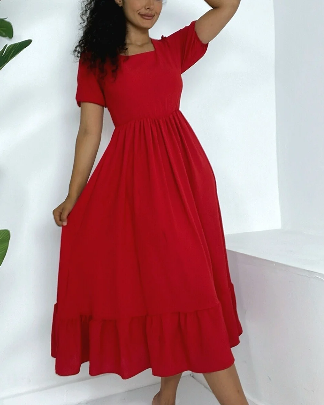 Red Square Neck Short Sleeve Elastic Waist Ruffle Hem Midi Dress - Podyumplus - by Peralane