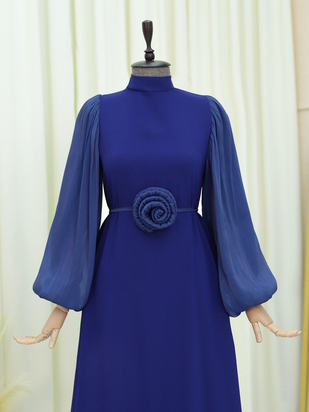 Long Balloon Sleeve Dress with Floral Belt - Navy Blue - Podyumplus - by Peralane - photo 2