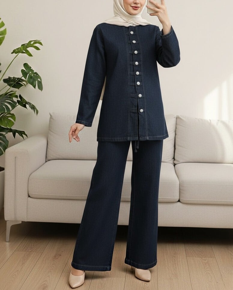 Button-Front Denim Tunic and Wide-Leg Trousers Set - Navy - Podyumplus - by Peralane - photo 4