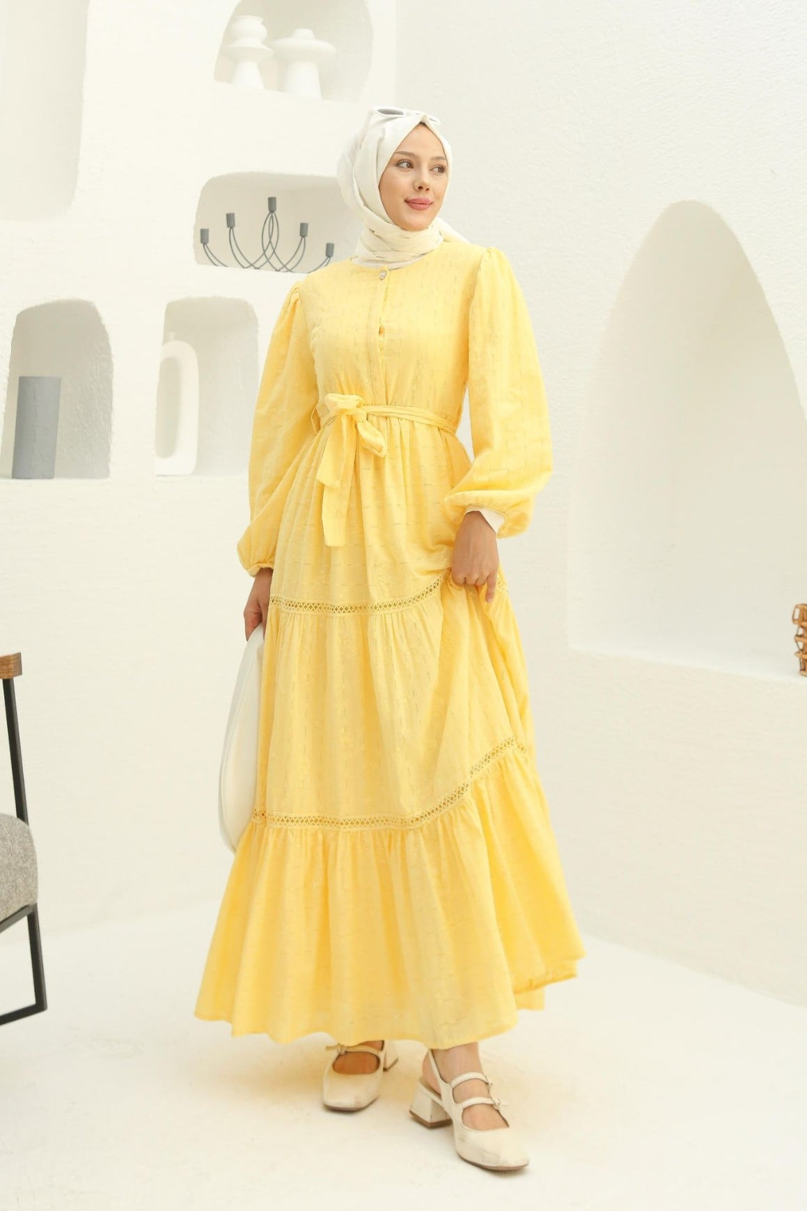Women's Yellow Tiered Maxi Dress with Lace Trim and Belt - Afra Li̇ne - by Peralane - photo 2