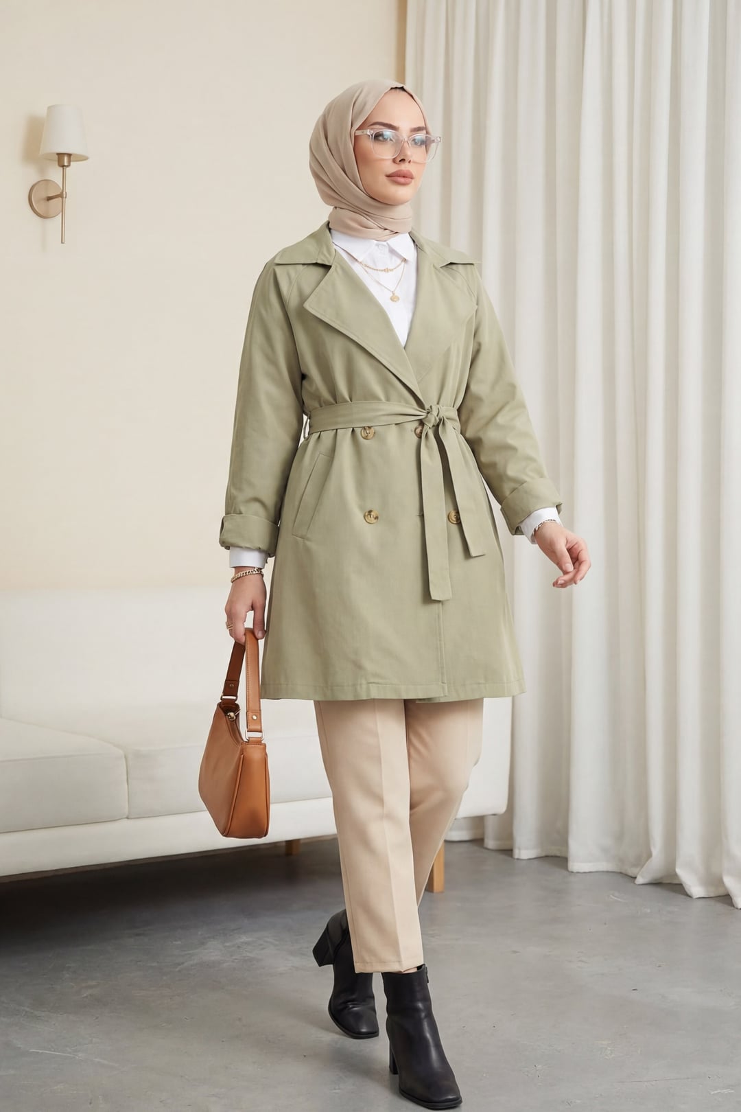 Bolero Detail Buttoned Mid-Length Trench Coat - Stone - Podyumplus - by Peralane