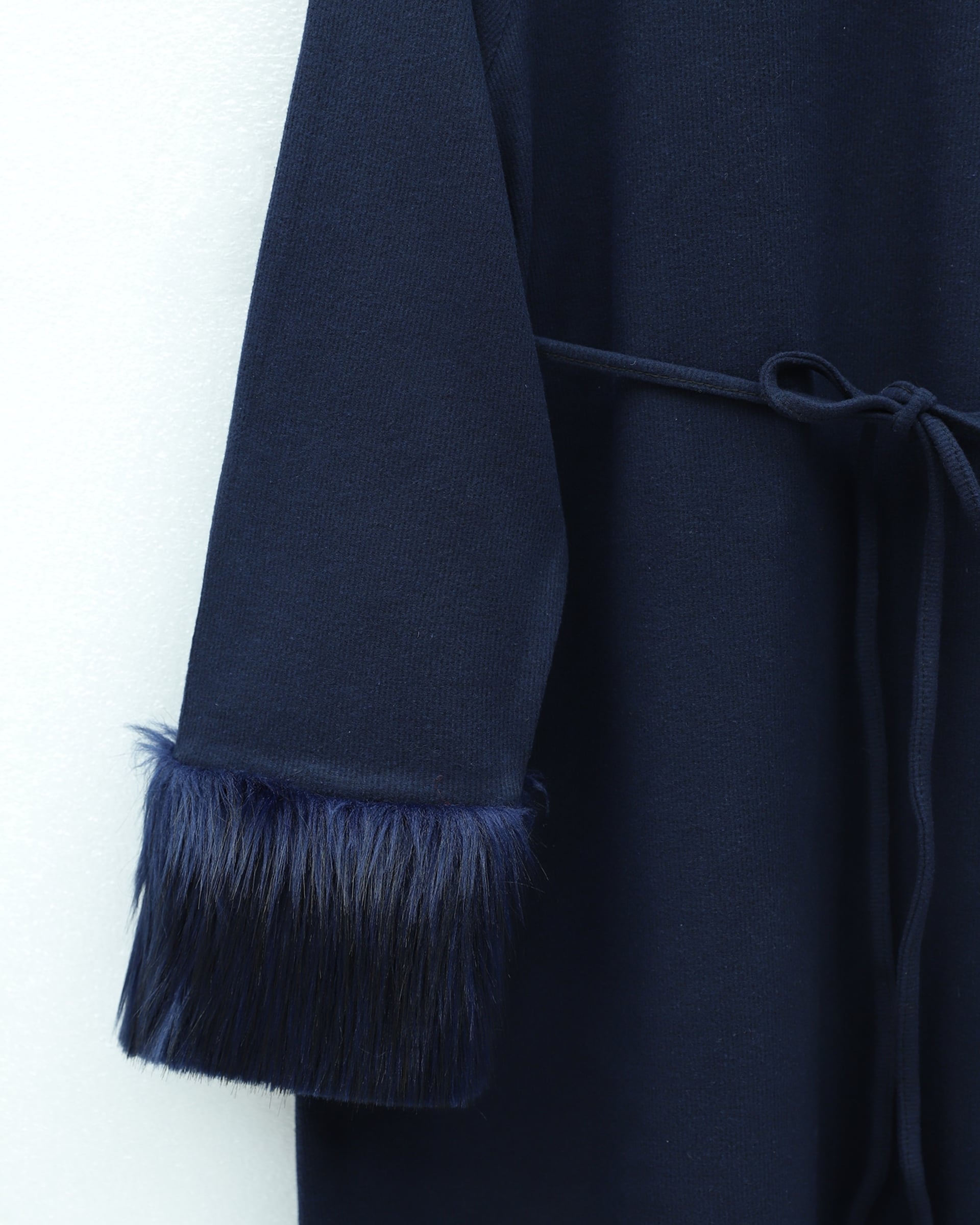 Long Sleeve Tie-Waist Knit Dress with Faux Fur Trim - Navy - Podyumplus - by Peralane - photo 5