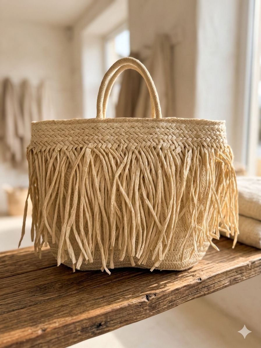 Beige Fringed Straw Tote Bag 41x29 cm - Nesvay - by Peralane