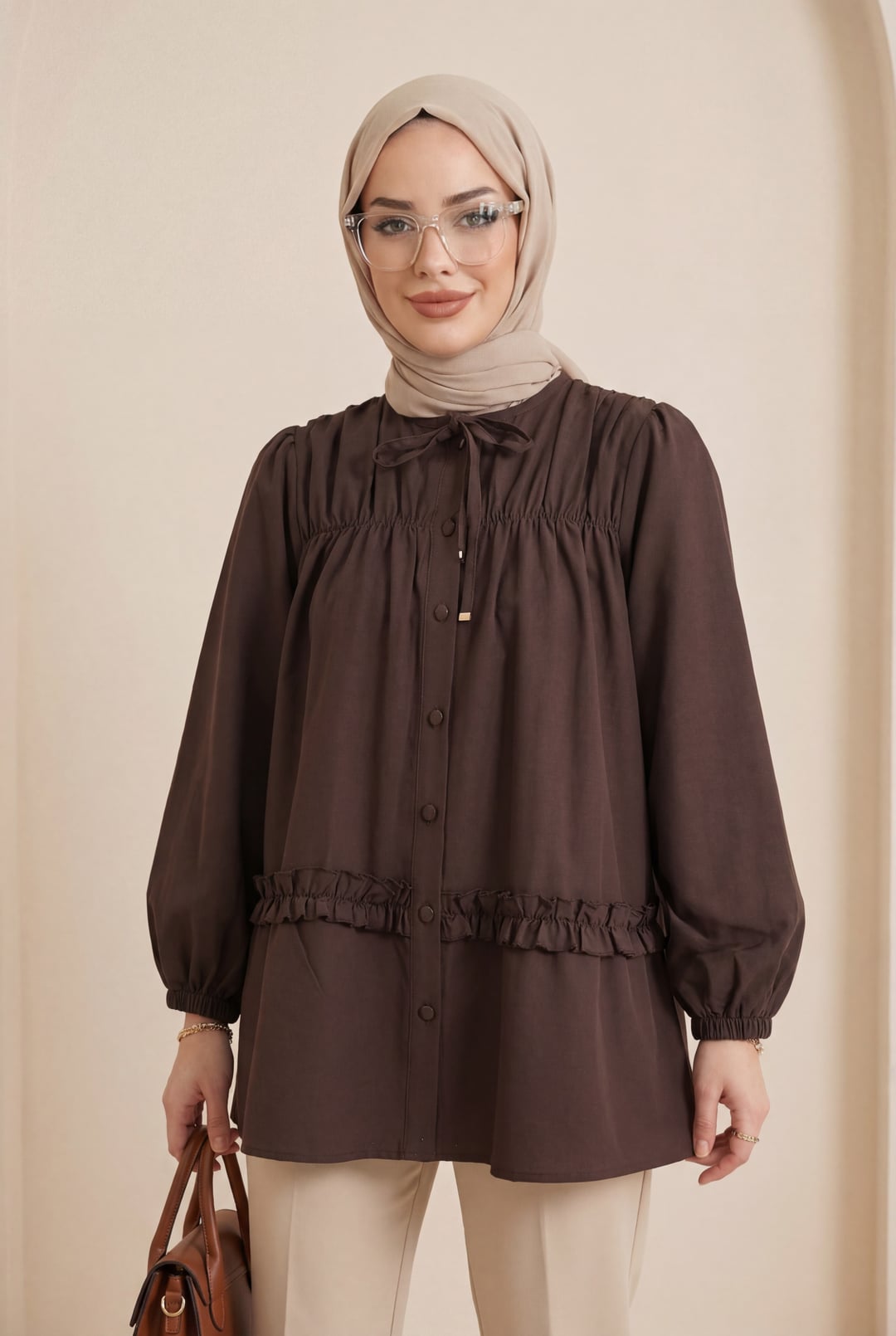 Ruffled Poplin Tunic with Button Front and Elasticated Waist - Dark Brown - Podyumplus - by Peralane - photo 3