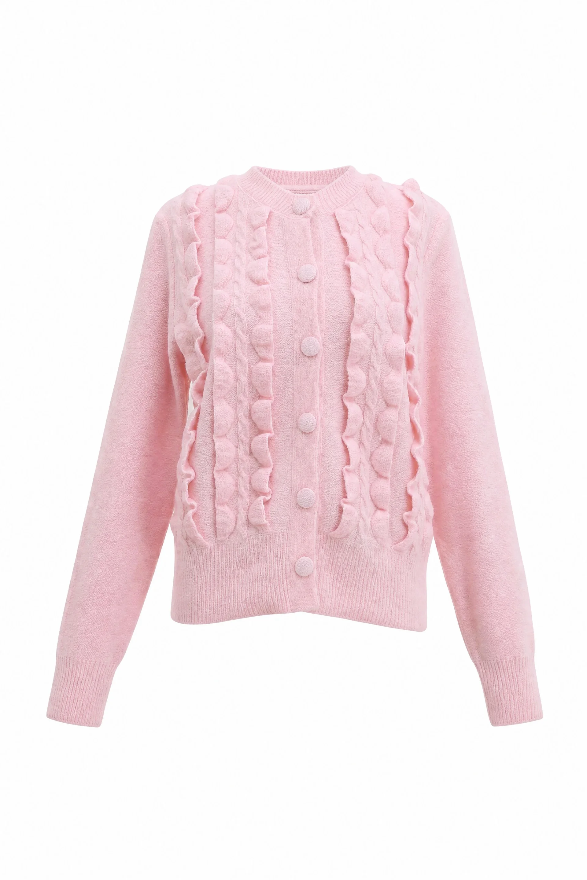 Pink Cable Knit Ruffled Button Cardigan - Podyumplus - by Peralane - photo 4