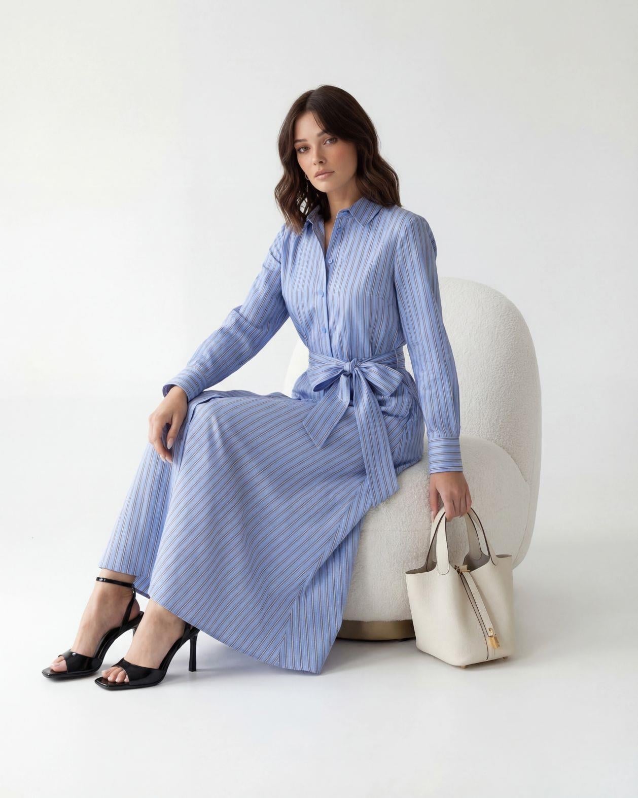 Women's Blue Pinstripe Midi Dress with Tie Belt - Fame - by Peralane - photo 4