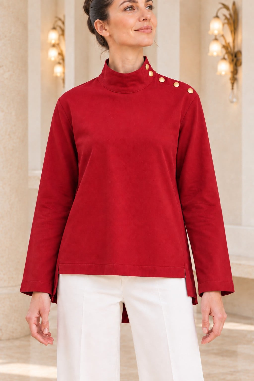 High Neck Blouse with Shoulder Snaps - Cherry Red - Xlove - by Peralane