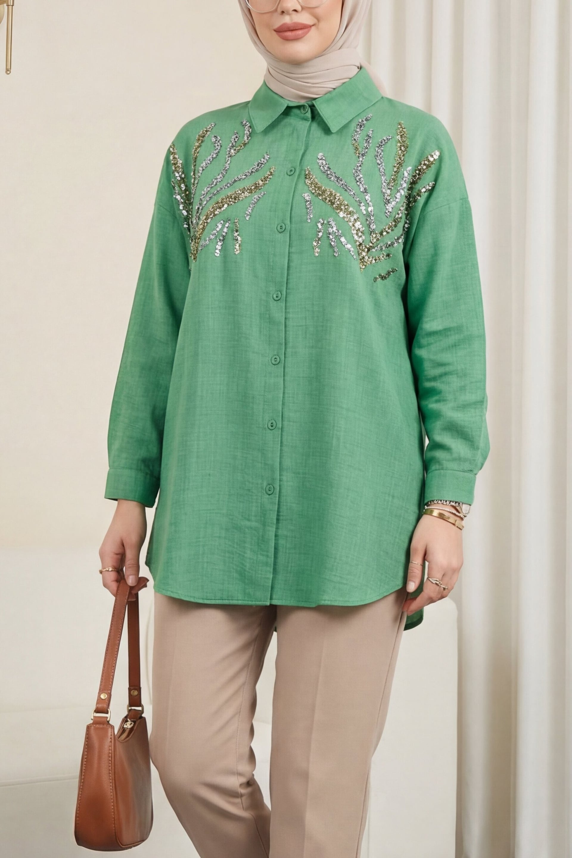 Paillette Sequin Front Button-Down Long Blouse - Forest Green - Podyumplus - by Peralane