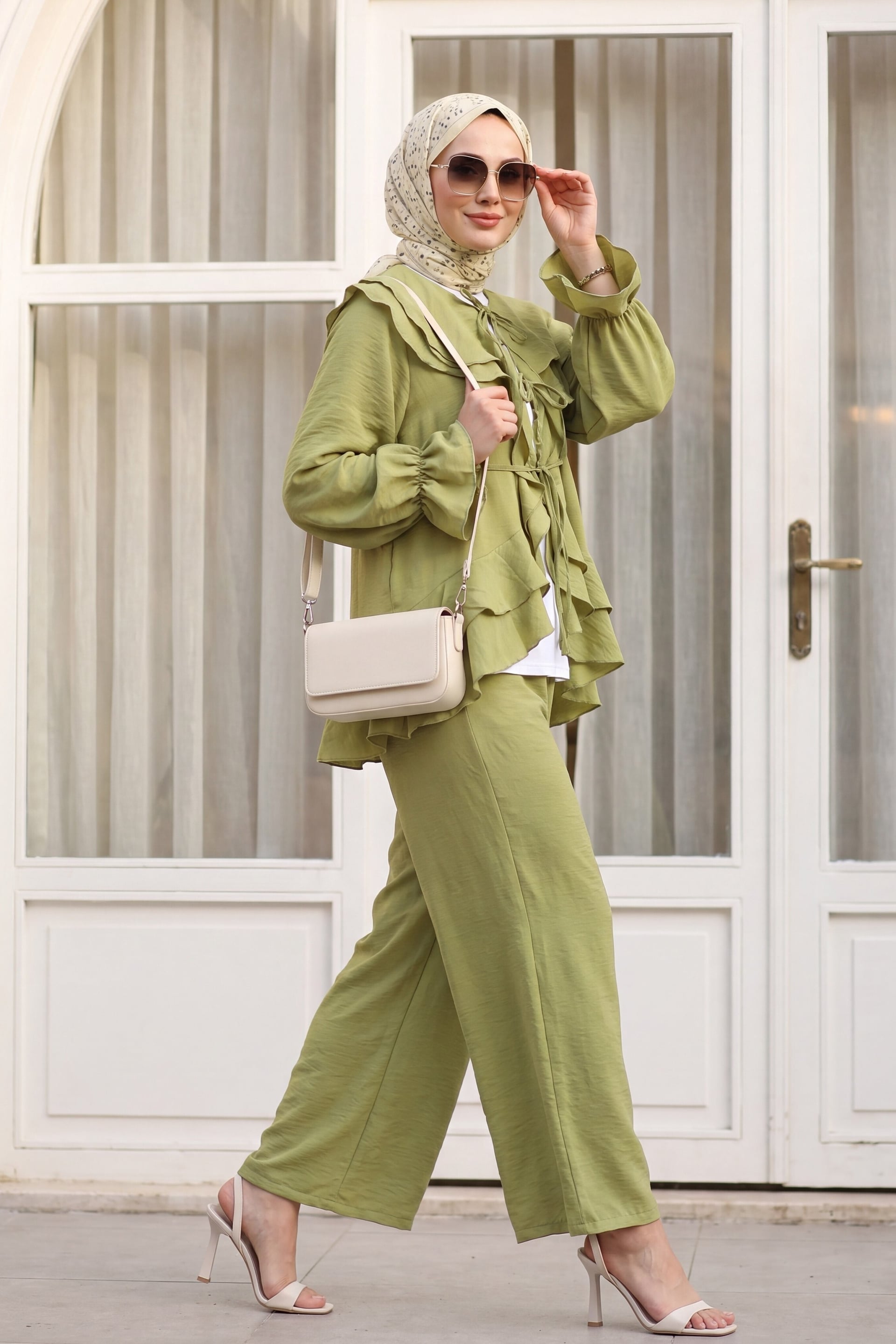 Women's Tie-Front Layered Collar Blouse and Lined Trousers Co-ord Set in Olive Green - Podyumplus - by Peralane