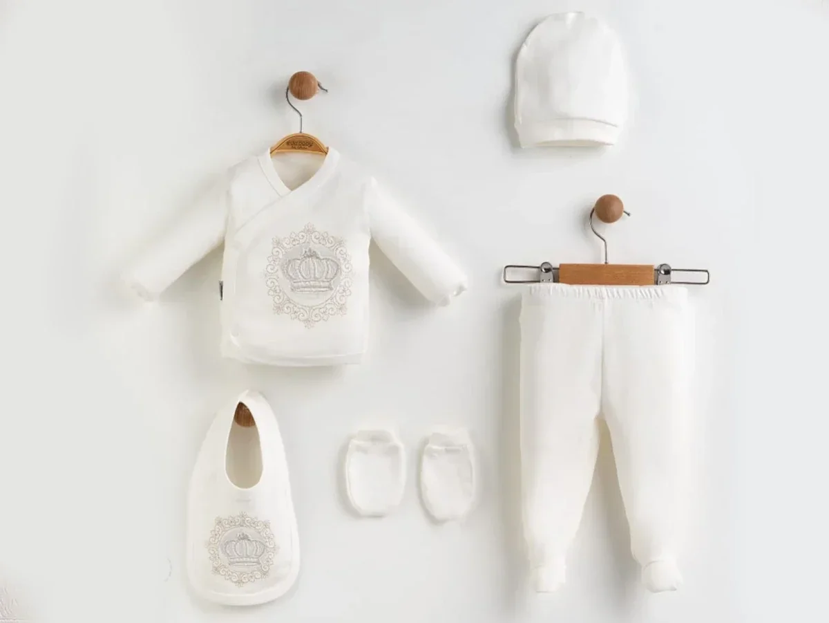 Unisex 5-Piece Newborn Bodysuit Set with Crown Embroidery - White - Zipir - by Peralane