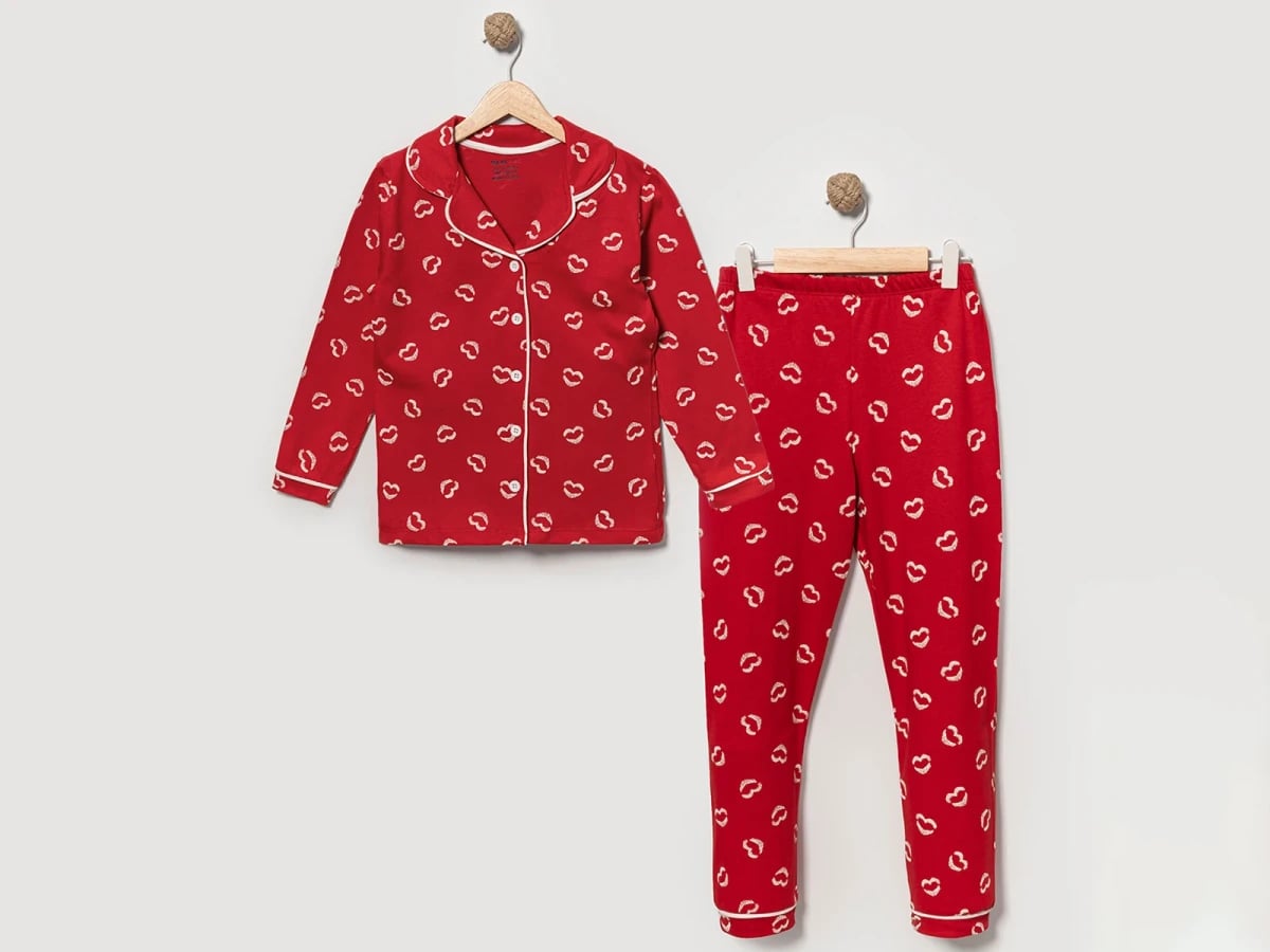 Red Lip Print Buttoned Collar Baby Girl Pyjama Set - Dolas - by Peralane