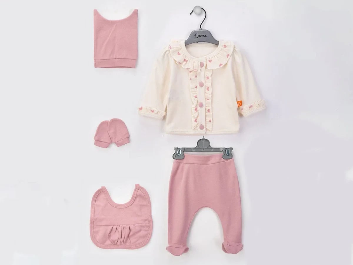 5-Piece Newborn Baby Set with Cardigan, Footed Trousers, Bib, Top, and Mittens - Pink - Beyaz Bebek - by Peralane