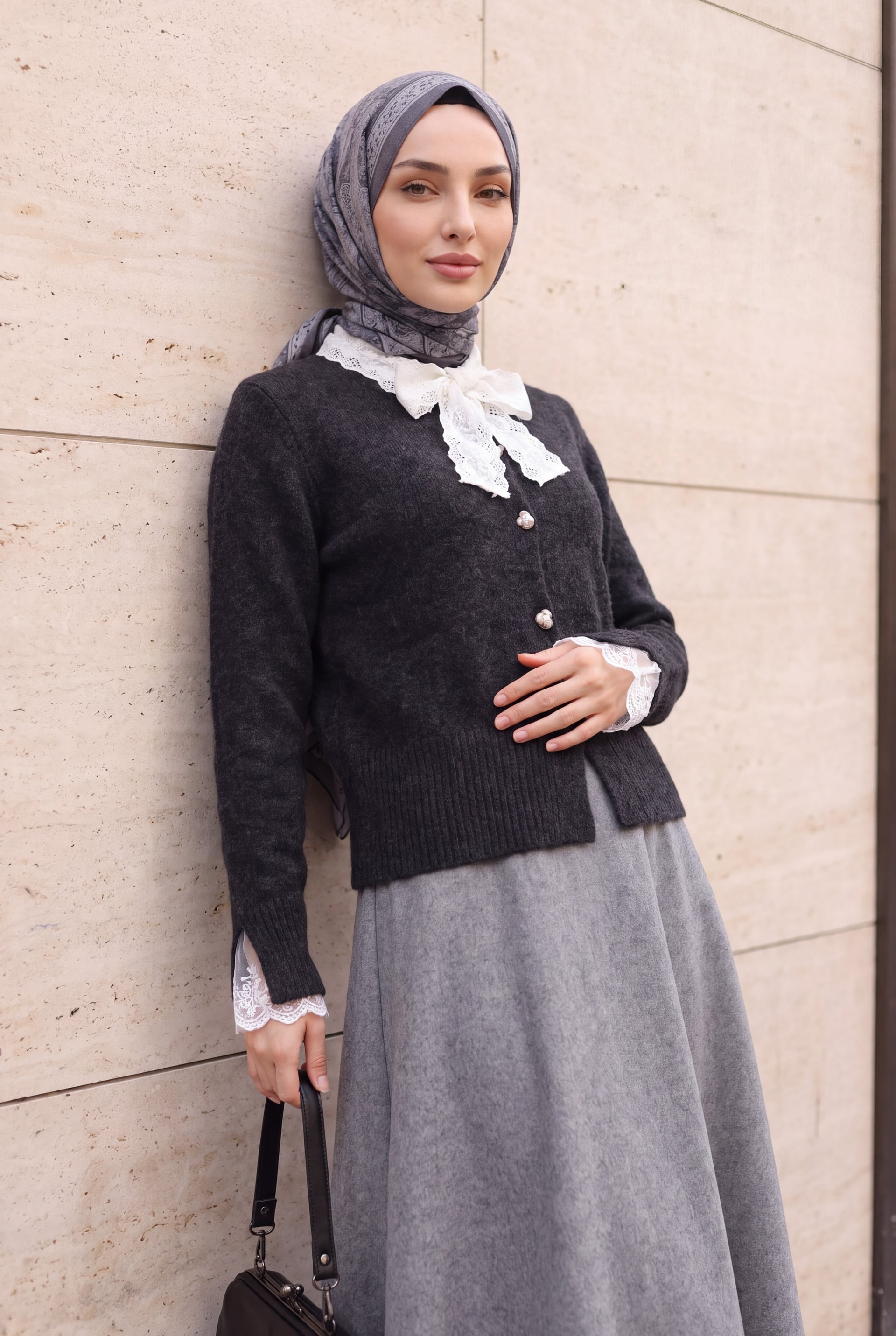 Fular Tie Detail Tulle Accent Cardigan - Anthracite - Podyumplus - by Peralane - photo 3