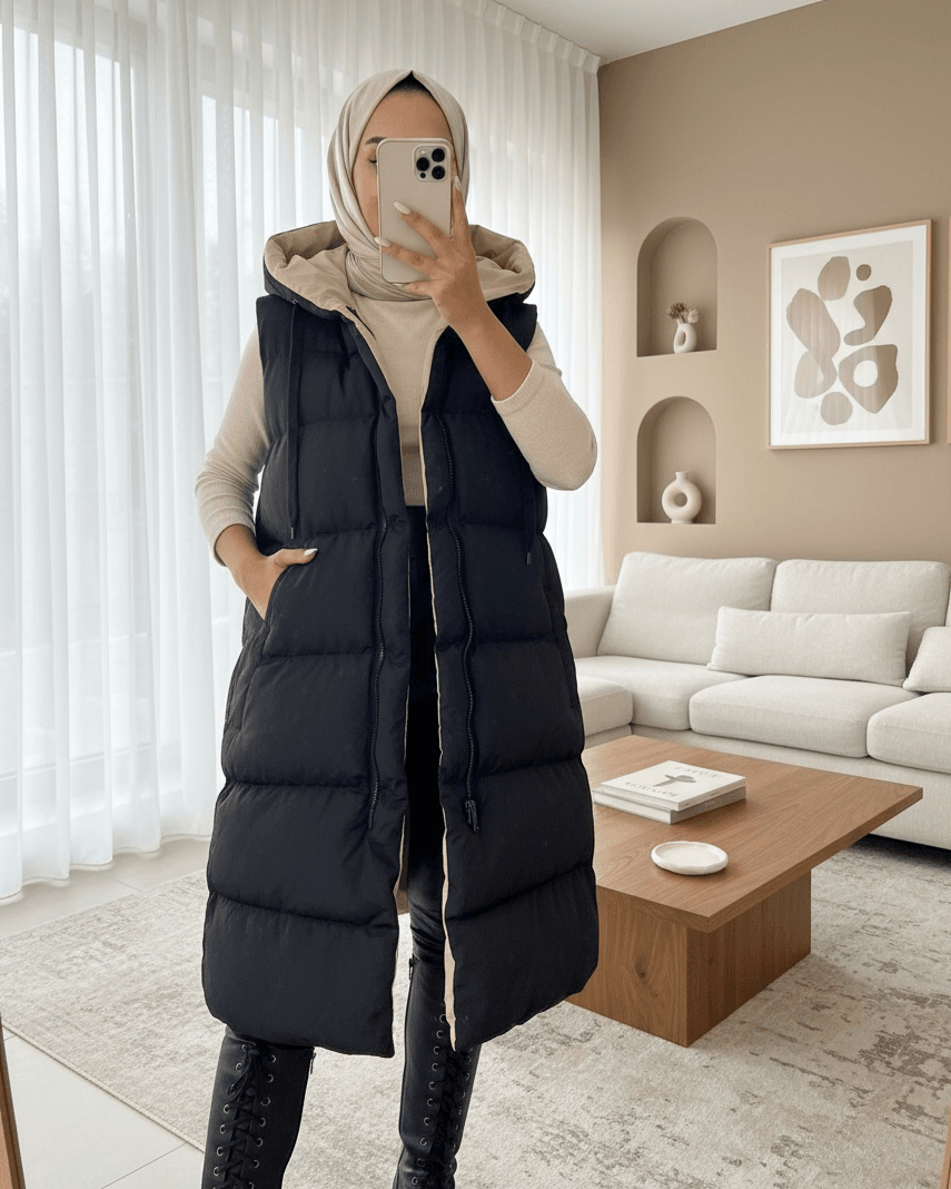 Black Reversible Hooded Puffer Vest - Podyumplus - by Peralane