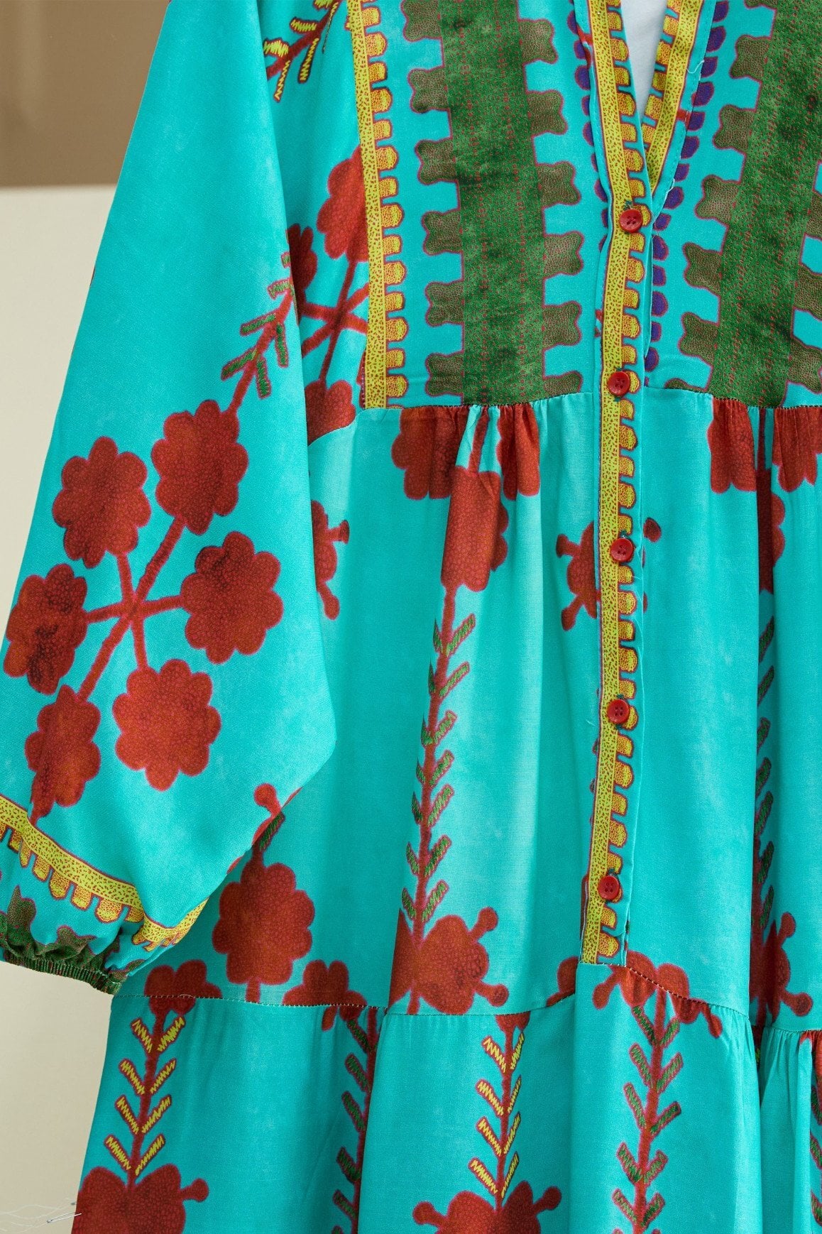 Turquoise Floral Printed Viscose Dress with Stand Collar and Button Front - Podyumplus - by Peralane - photo 3