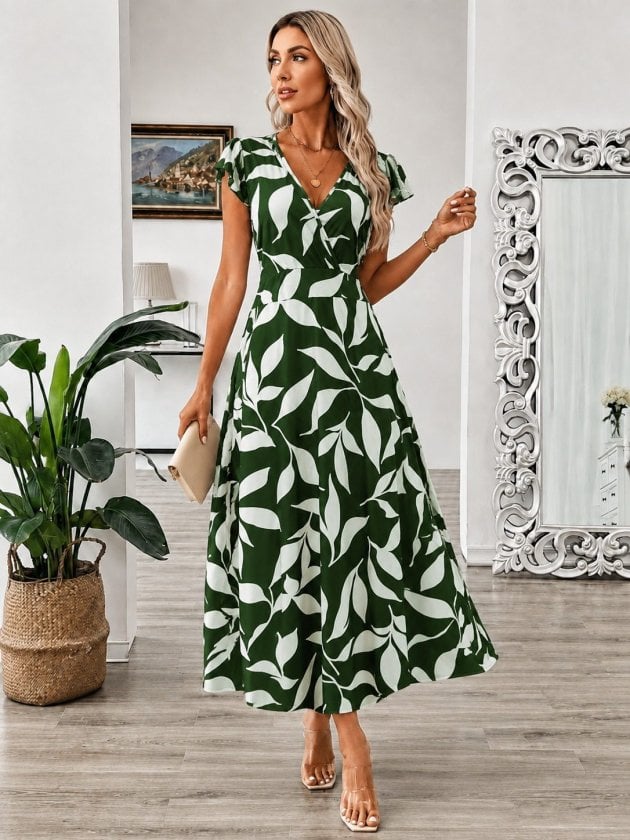 Women's Short Sleeve Wrap V-Neck Leaf Print Long Suprem Dress - Janes - by Peralane - photo 2