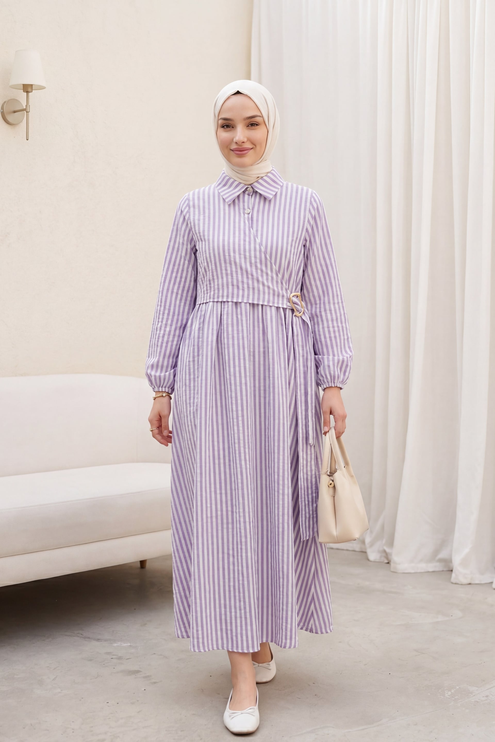 Striped Linen Dress with Shirt Collar and Side Tie - Lilac - Podyumplus - by Peralane
