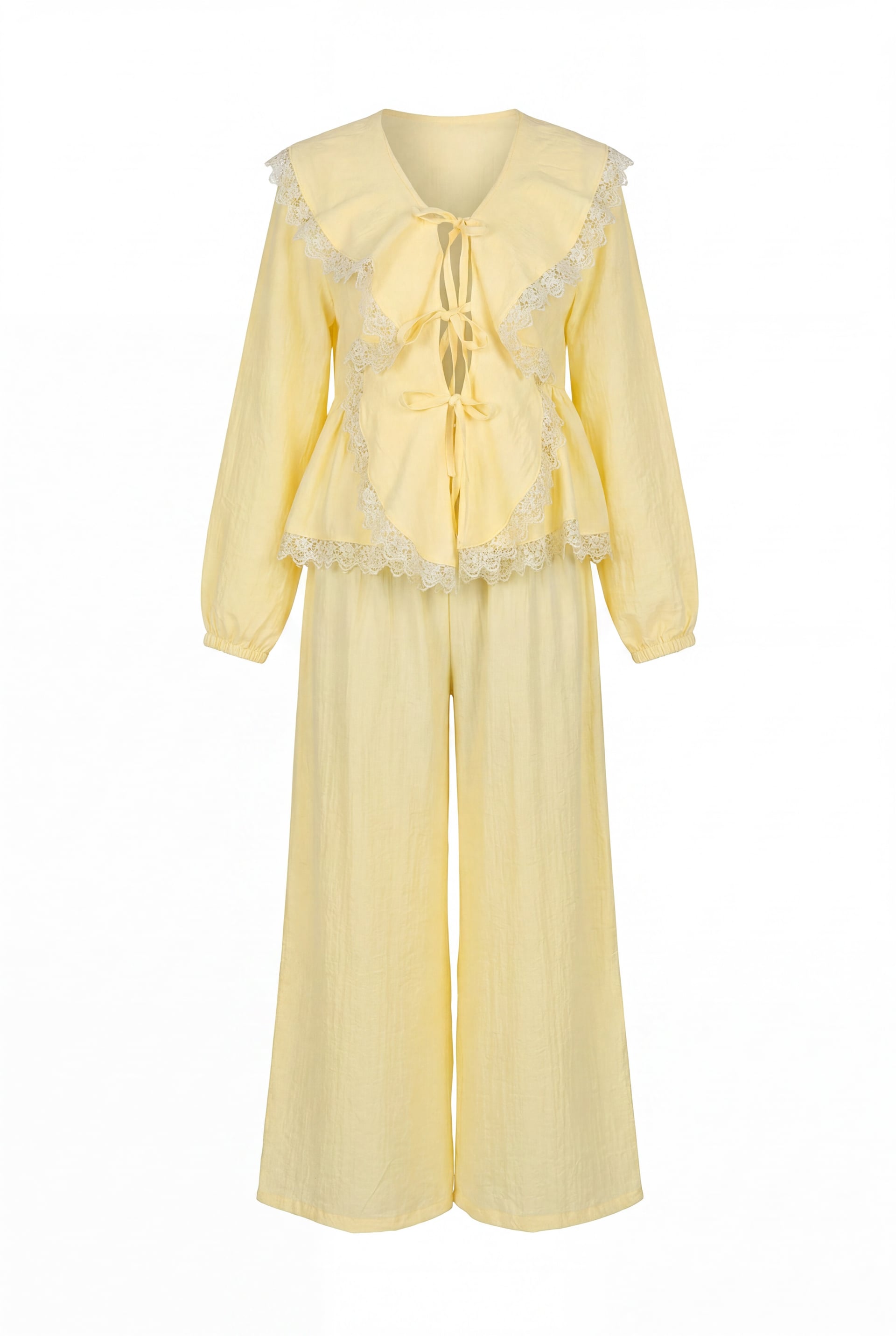 Lace Detail Front Tie Blouse and Trousers Co-ord Set in Yellow - Podyumplus - by Peralane - photo 5
