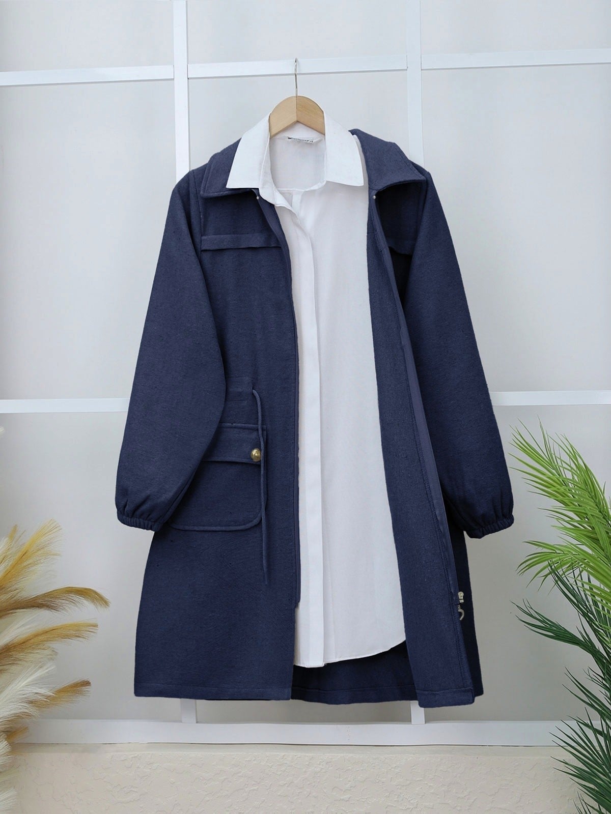 Navy Blue Zip-Up Fitted Coat Jacket with Elastic Cuffs and Button Flap Pockets - Podyumplus - by Peralane - photo 2