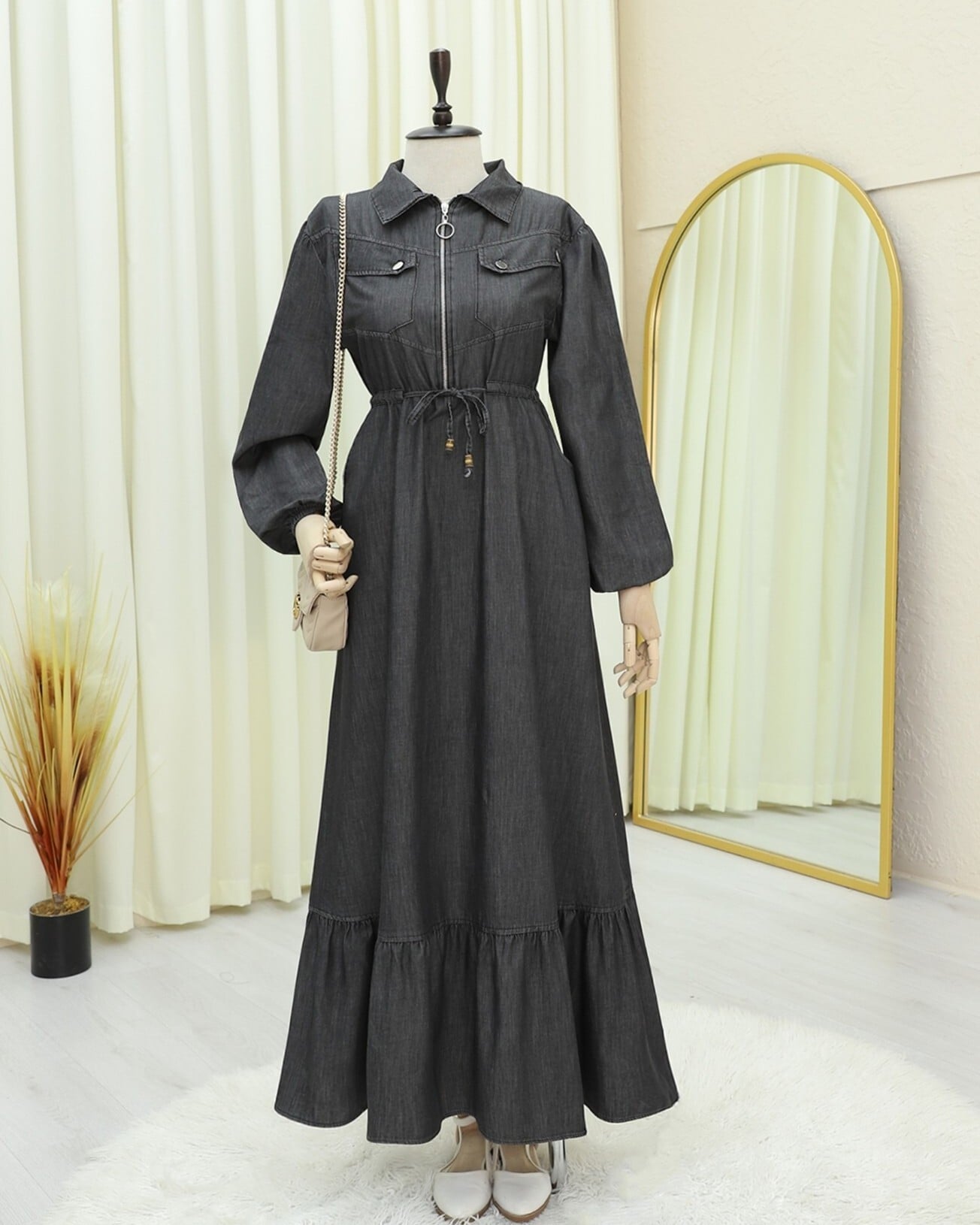 Tunnel Lace Half Zip Pocket Denim Dress - Anthracite - Podyumplus - by Peralane - photo 4