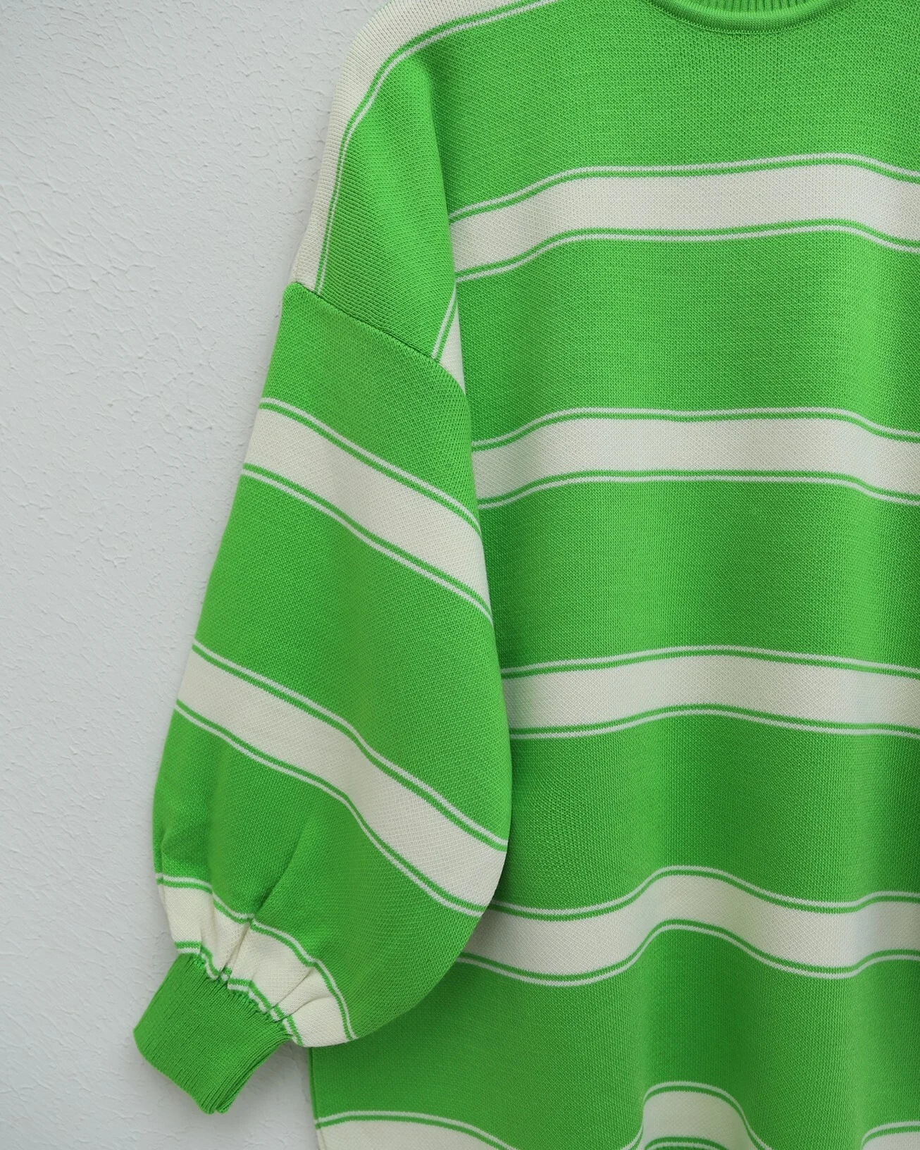Striped Half-Collar Balloon Sleeve Knit Tunic - Light Green - Podyumplus - by Peralane - photo 4
