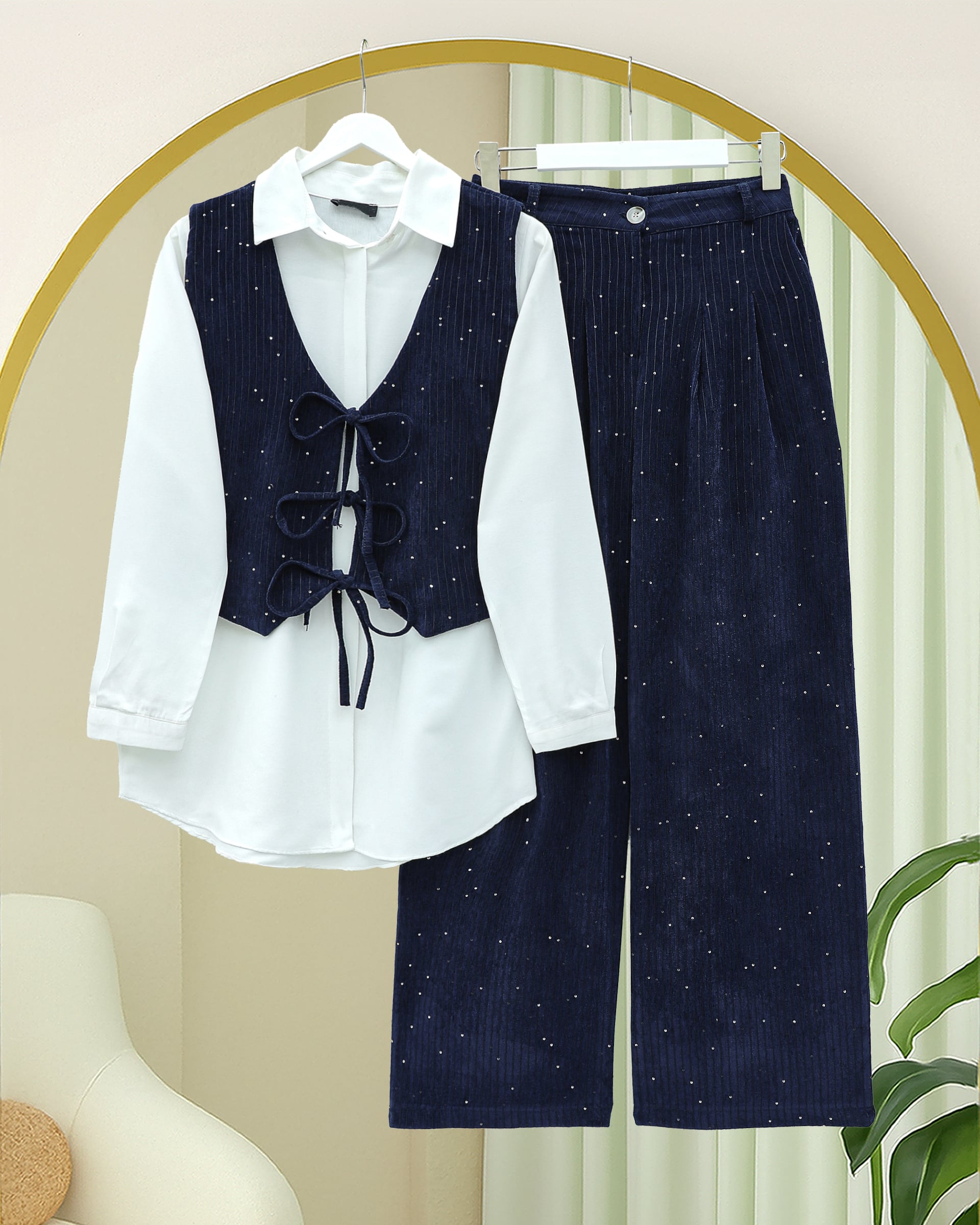 Navy Blue Tie-Front Vest and Wide-Leg Trousers Co-ord Set with White Blouse - Podyumplus - by Peralane - photo 2