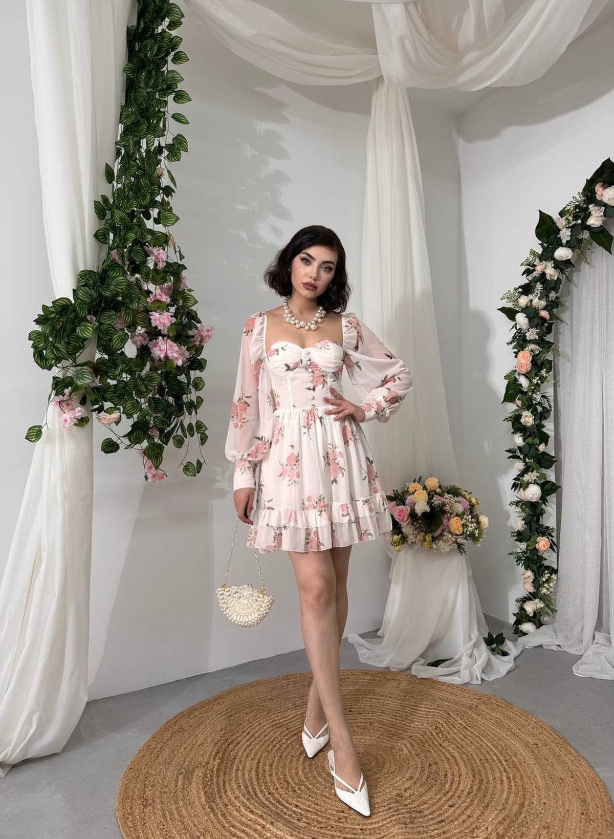 Women's White Floral Print Mini Dress with Sheer Puff Sleeves - Etika - by Peralane - photo 5