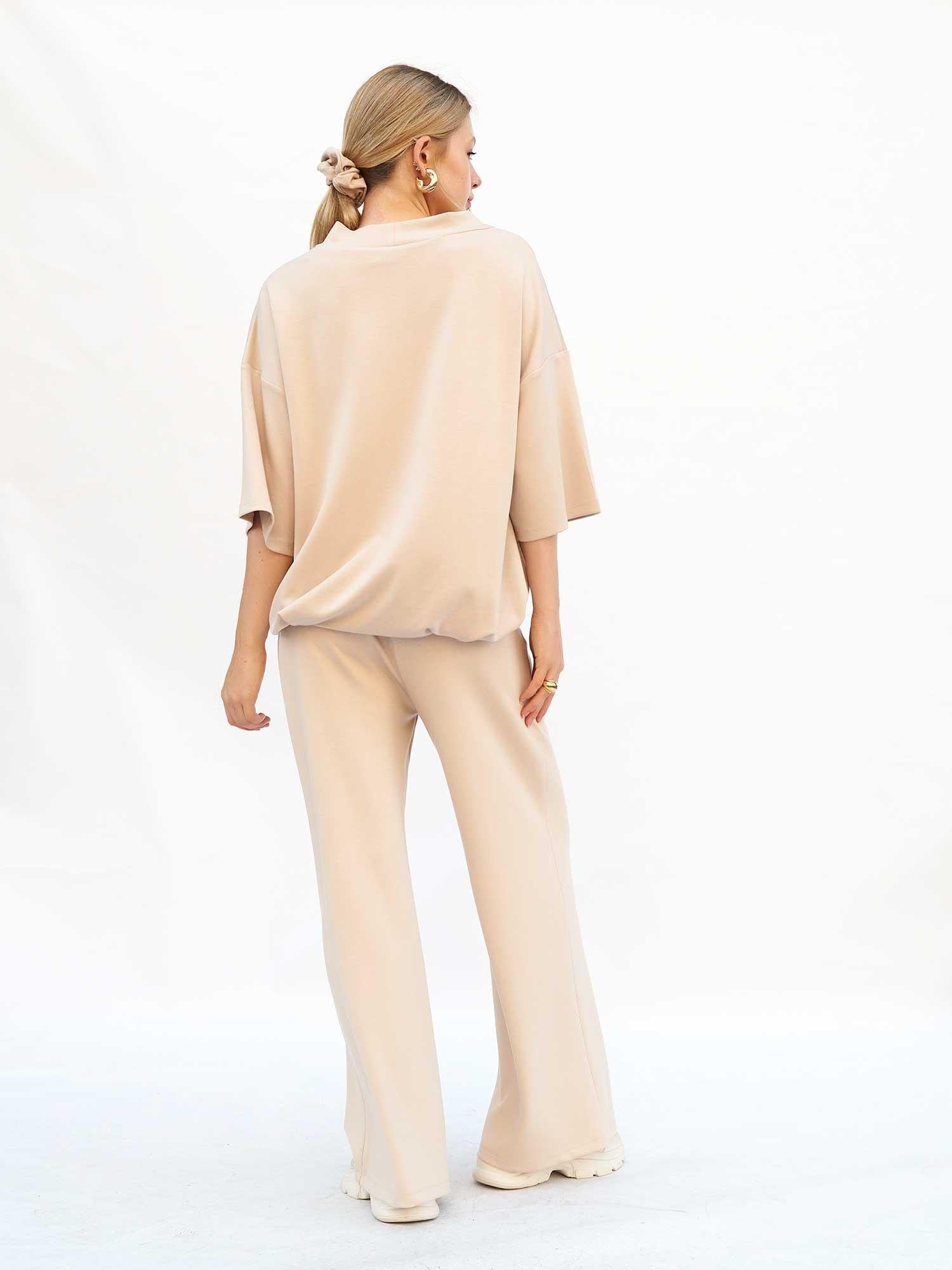 Beige V-Neck Knit Lounge Set with Sweatshirt and Trousers - Lefon - by Peralane - photo 3