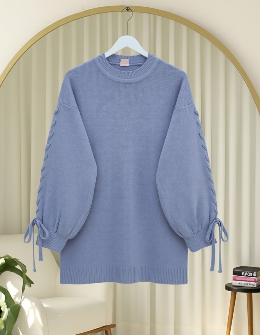 Round Neck Knitted Sweater with Knitted Sleeve Detail - Indigo - Podyumplus - by Peralane - photo 3
