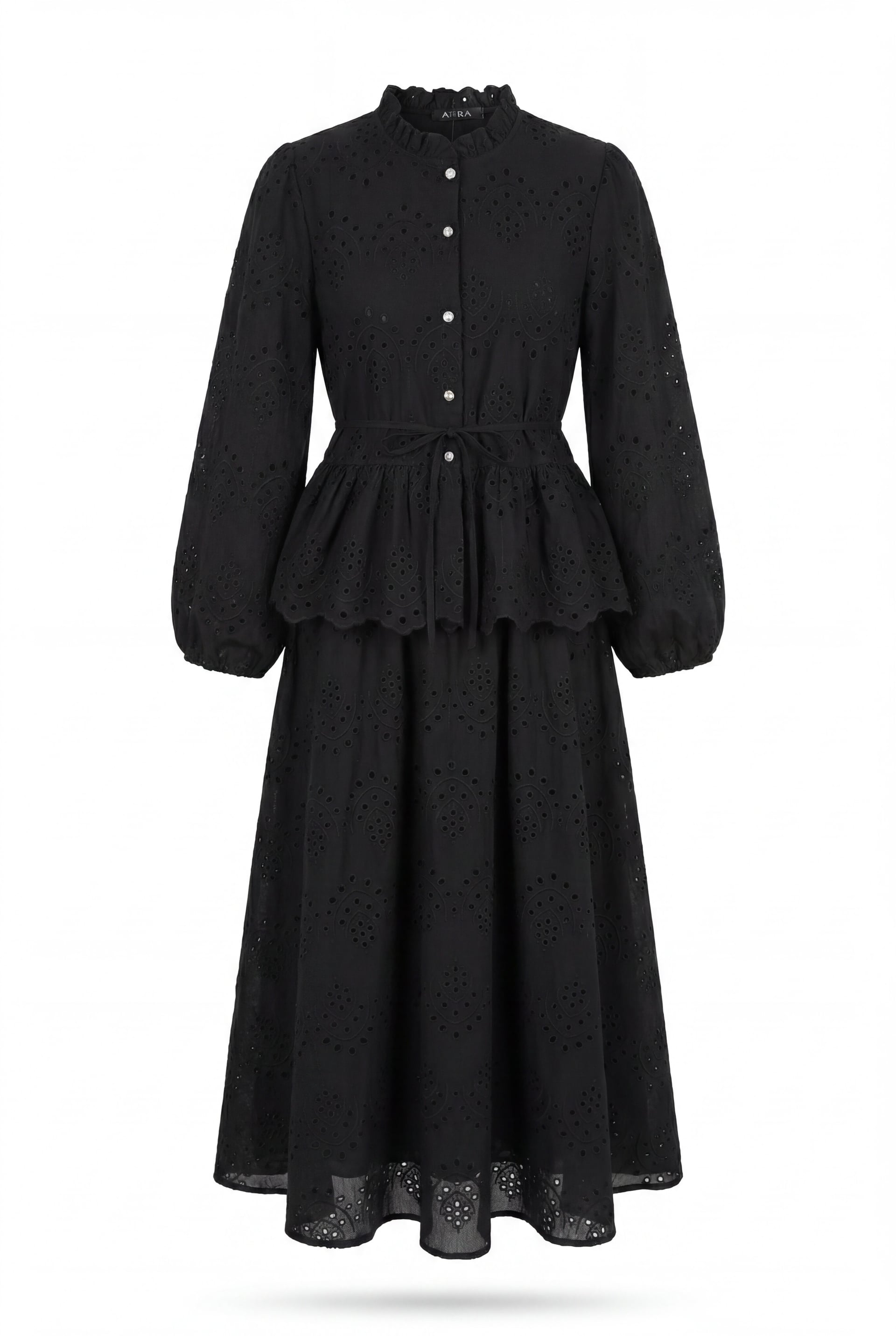 Black Long-Sleeved Midi Dress with Eyelet Pattern and Tie Waist - Podyumplus - by Peralane - photo 5