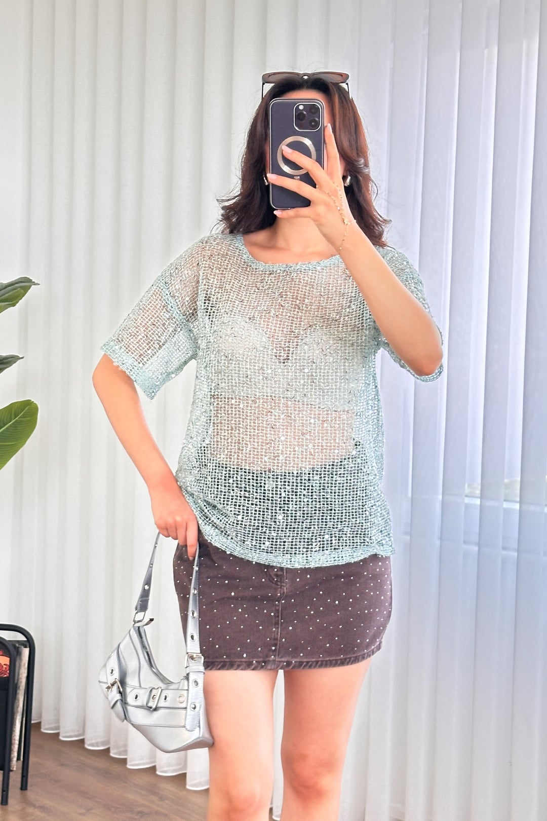 Sequin Sheer Knit Blouse with Tie Neck - Mint Green - Lustri̇n - by Peralane
