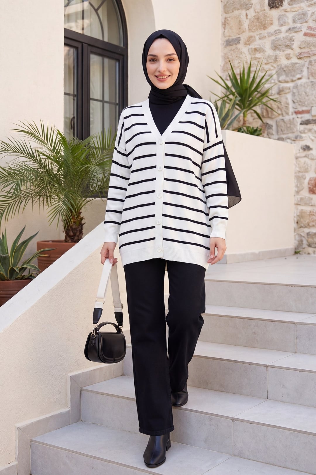 Striped Button-Up V-Neck Knit Cardigan - Ecru - Podyumplus - by Peralane - photo 3