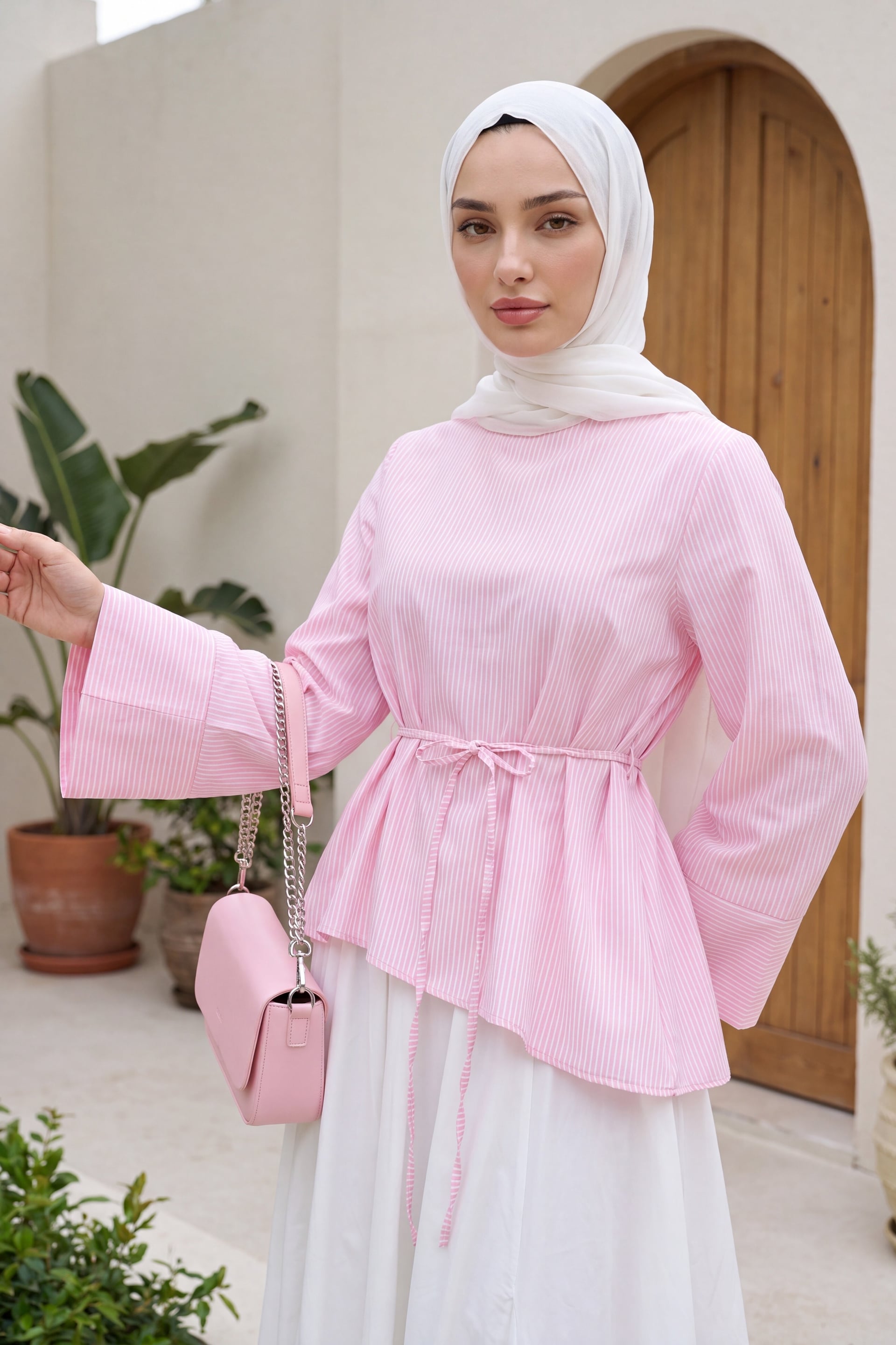 Pink Striped Tie-Waist Asymmetric Blouse - Podyumplus - by Peralane - photo 3