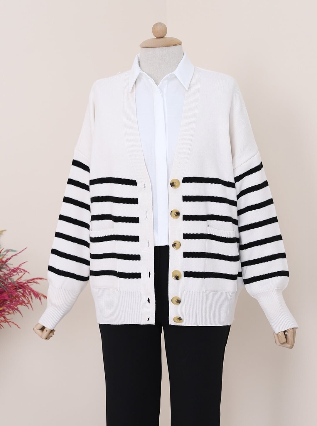 Striped Button-Front Cardigan with Pockets - Ecru - Podyumplus - by Peralane - photo 9