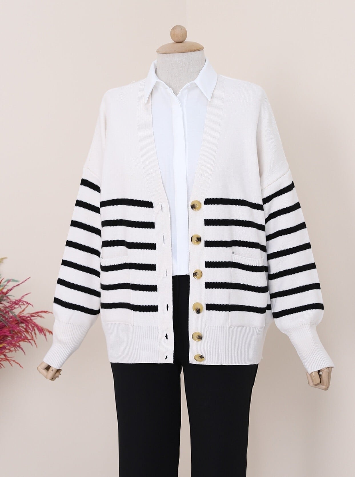 Striped Button-Front Cardigan with Pockets - Ecru - Podyumplus - by Peralane - photo 9