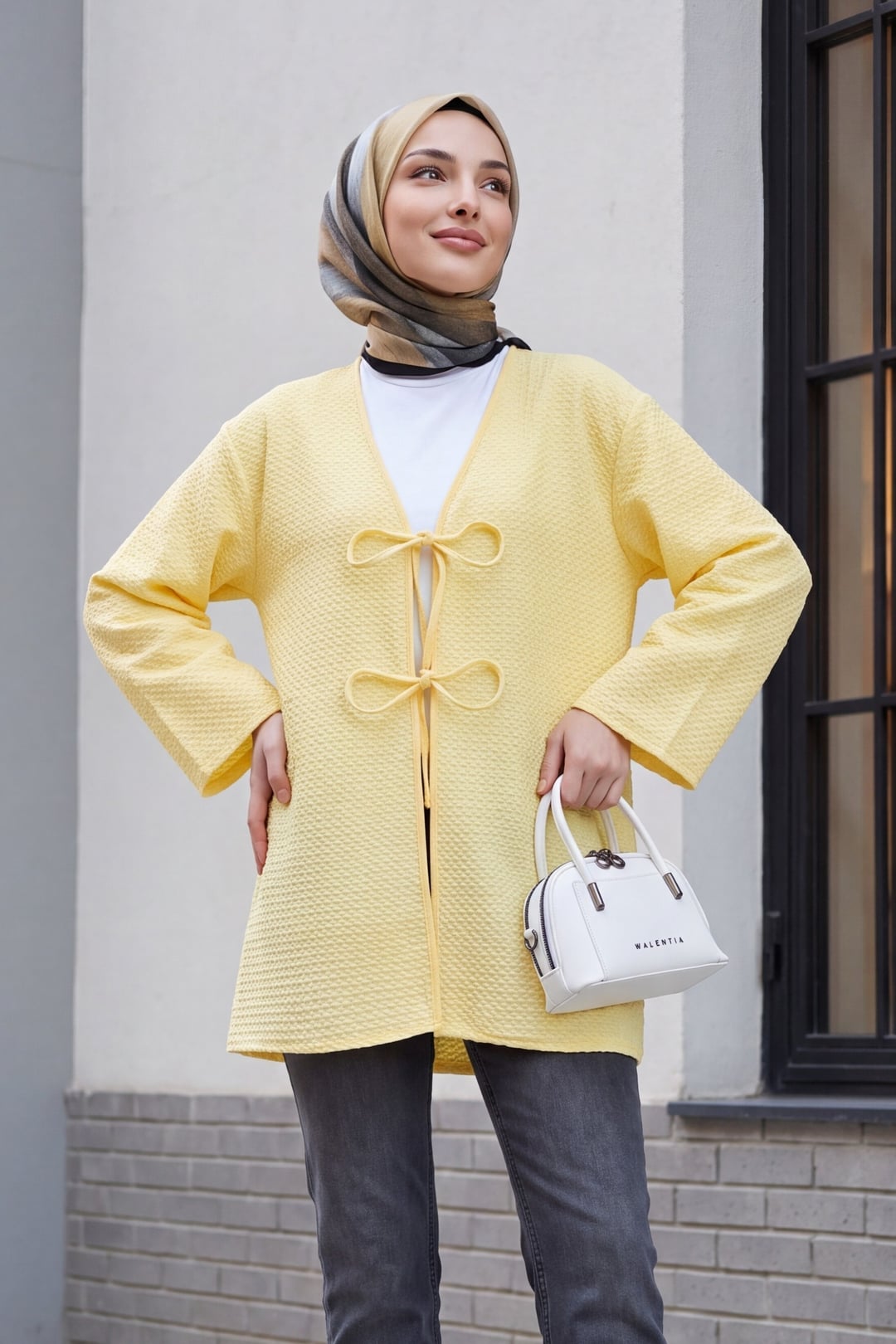 Front Double-Tie Honeycomb Pattern Kimono - Light Yellow - Podyumplus - by Peralane