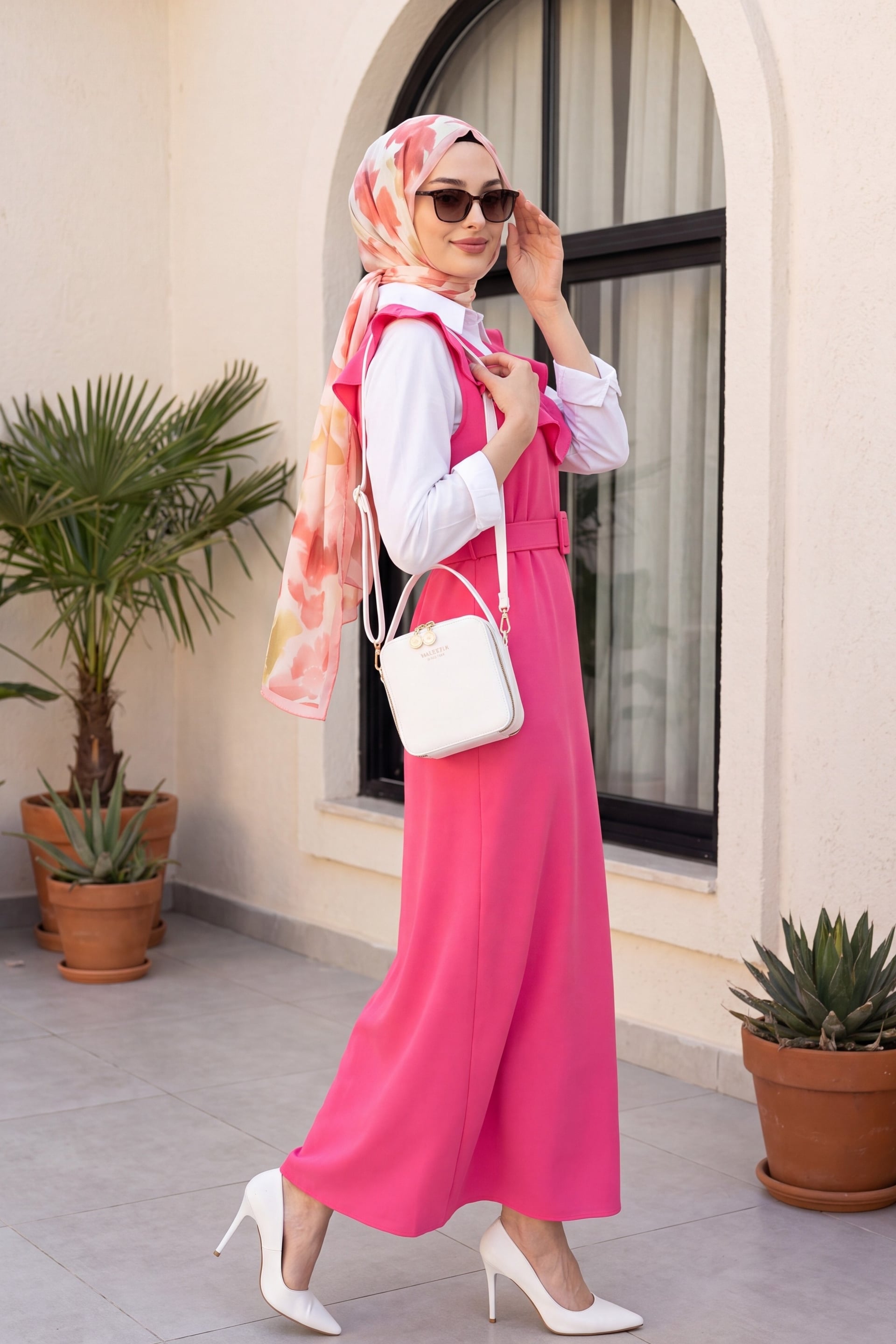 Fuchsia V-Neck Ruffle Trim Belted Long Jile Dress - Podyumplus - by Peralane - photo 5