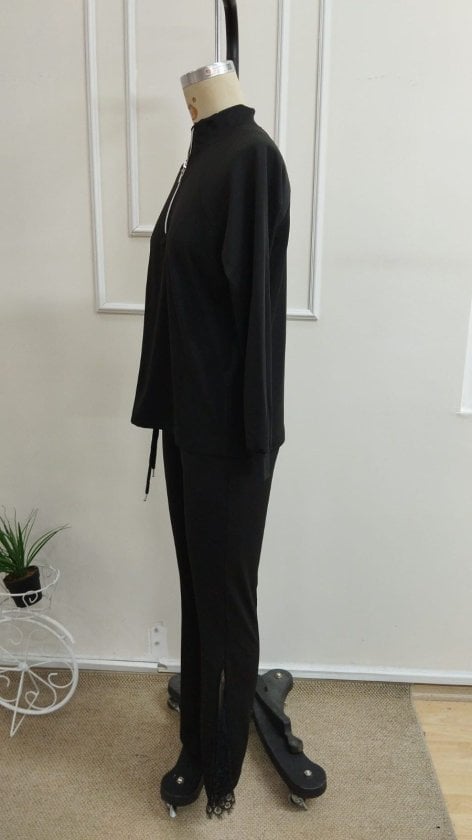 Women's Black Knit Lounge Set with Zip Mock Neck Top and Lace Detail Pants - Janes - by Peralane - photo 6